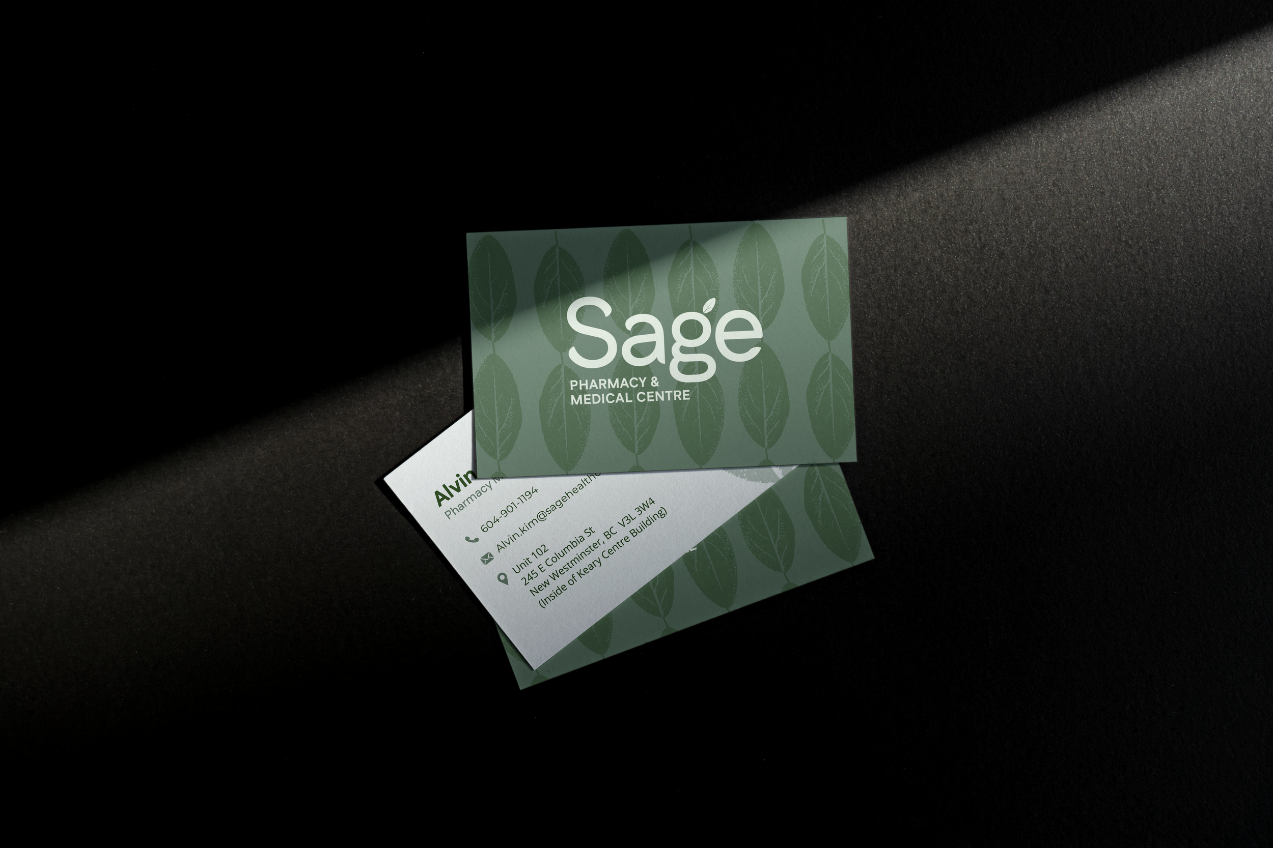 A business card for Sage Pharmacy & Medical Centre features a green leafy background, with contact information and the name Alvin Kim.