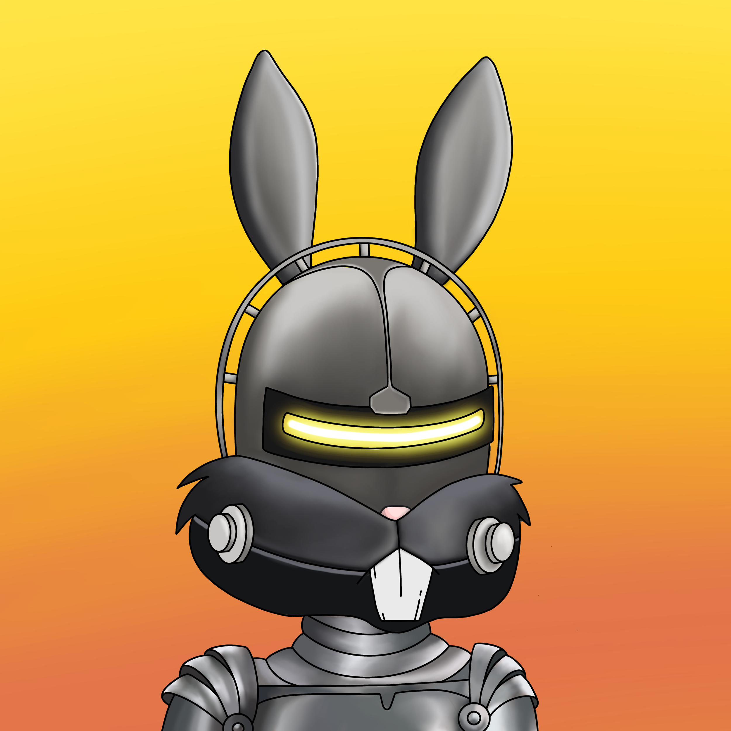 A cartoon robot dog with a metallic body, standing with its arms crossed against a yellow and orange gradient background.