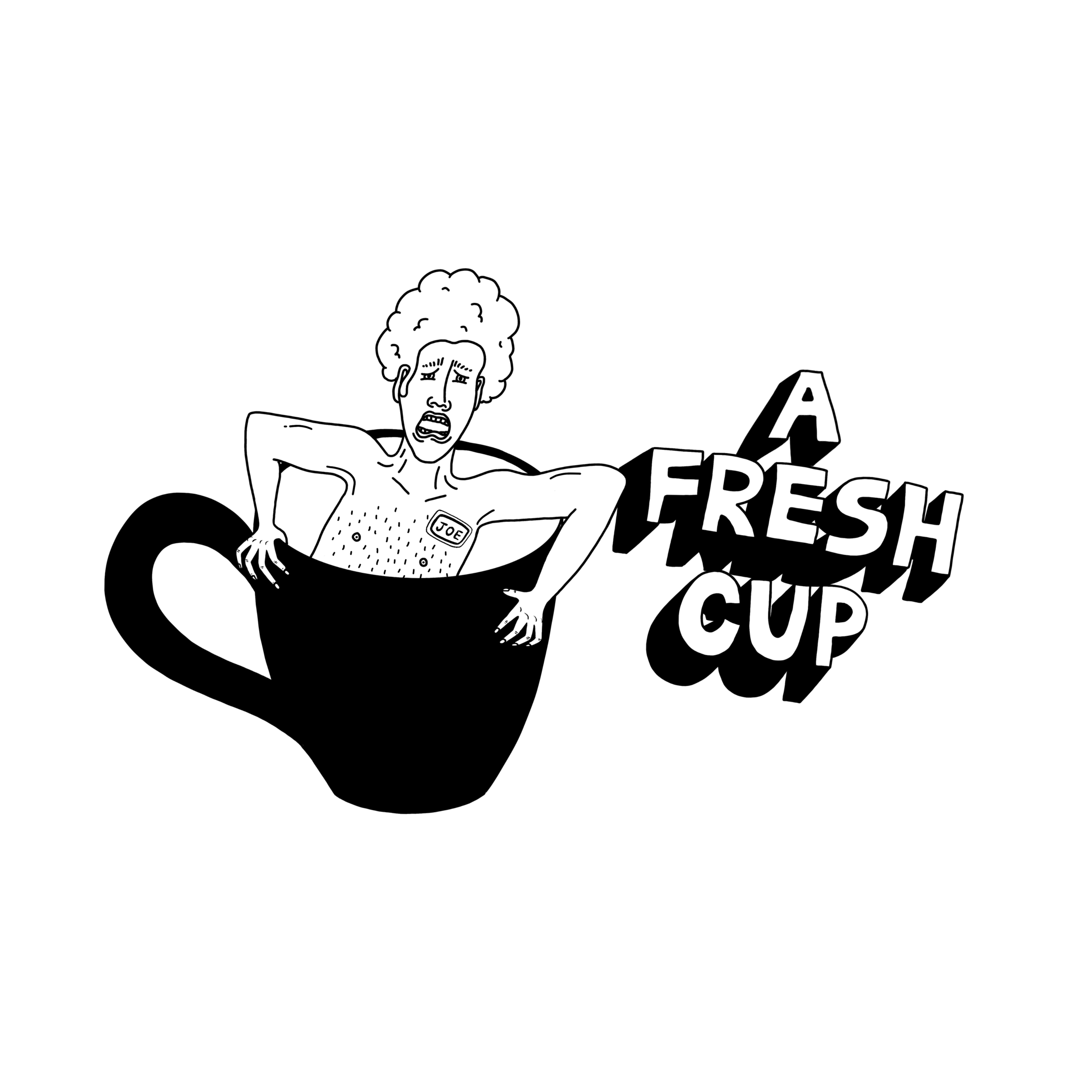 Line drawing of a person with curly hair making an angry face. The person is emerging from a small boat with the text 'A FRESU CUP' written on it.