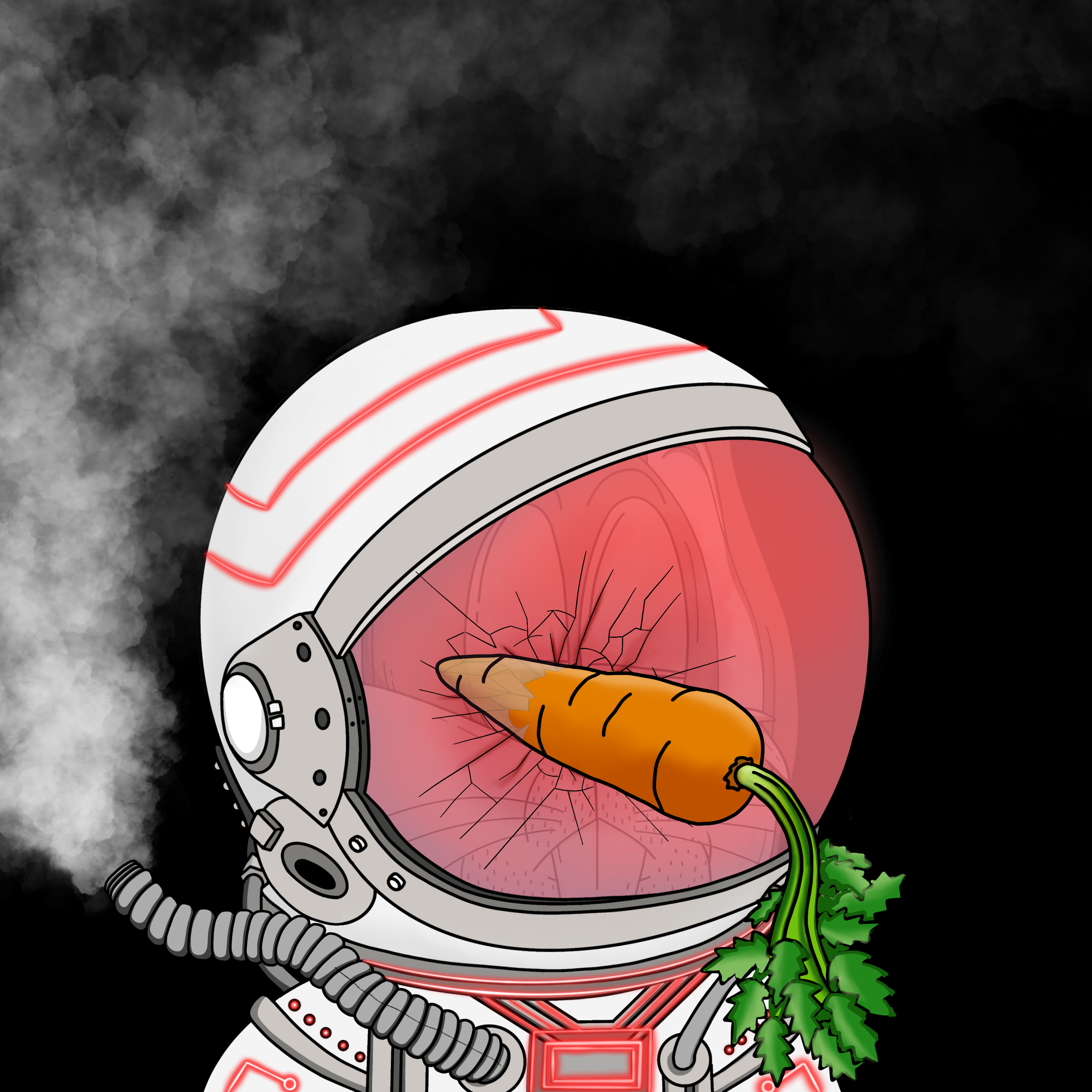 A cartoon drawing of a spaceship with smoke in the background, a carrot inside, surrounded by green leaves, with red glowing lines and a mechanical design.