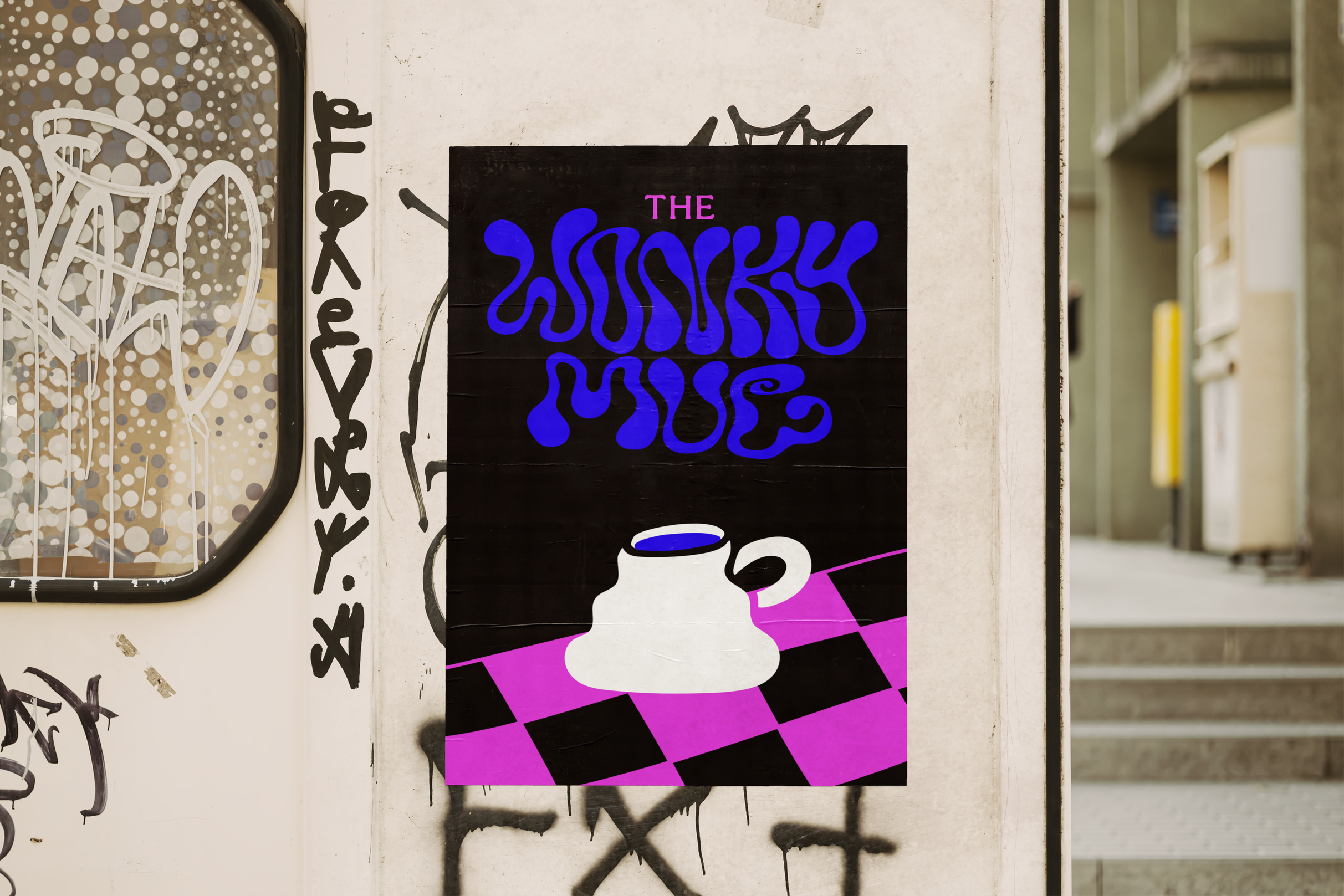 A wall with various graffiti and a colorful poster featuring a cup and the phrase 'The Boshy House' with purple and pink colors.