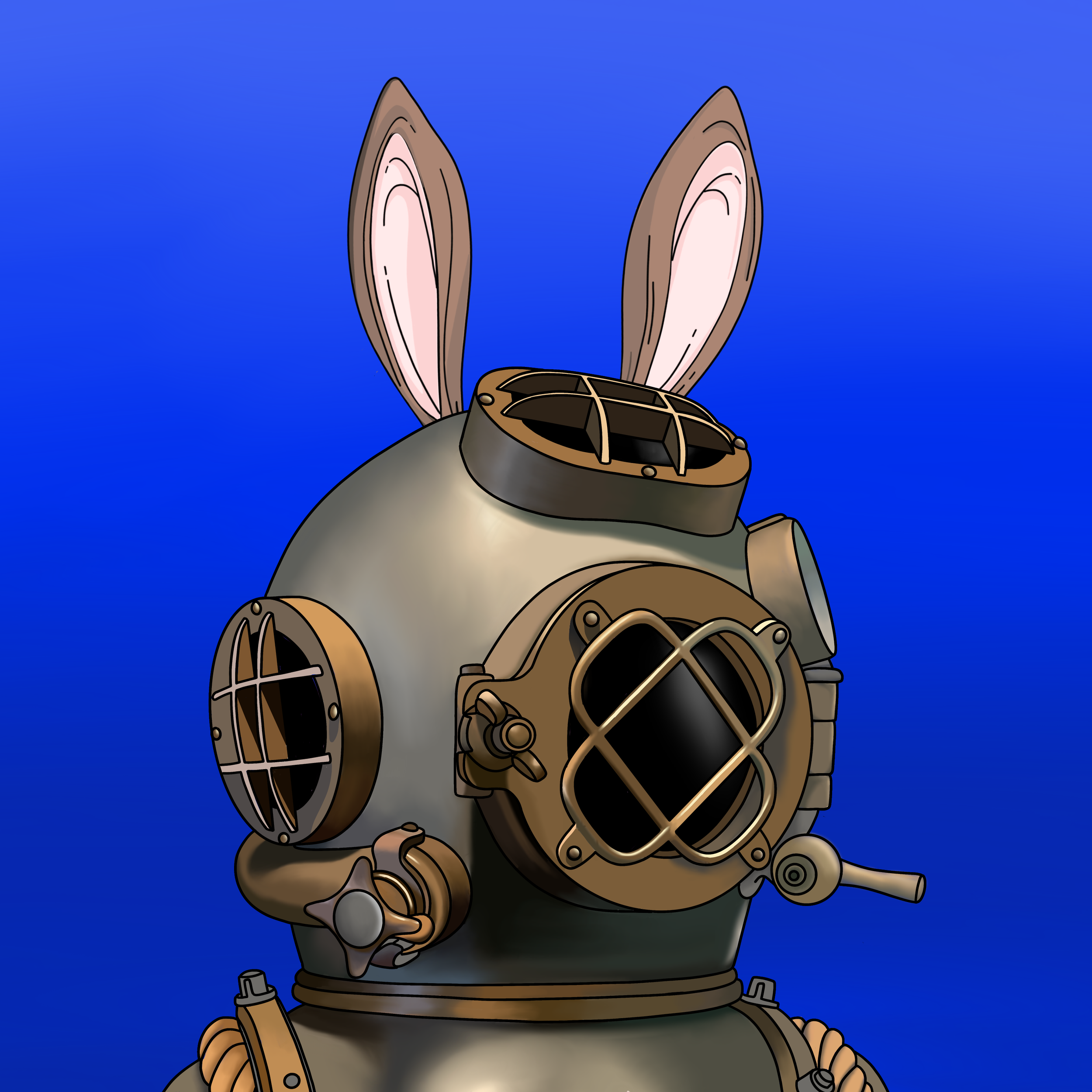 A cartoon illustration of a robot with bunny ears, a rounded metallic body, and mechanical components against a blue background.