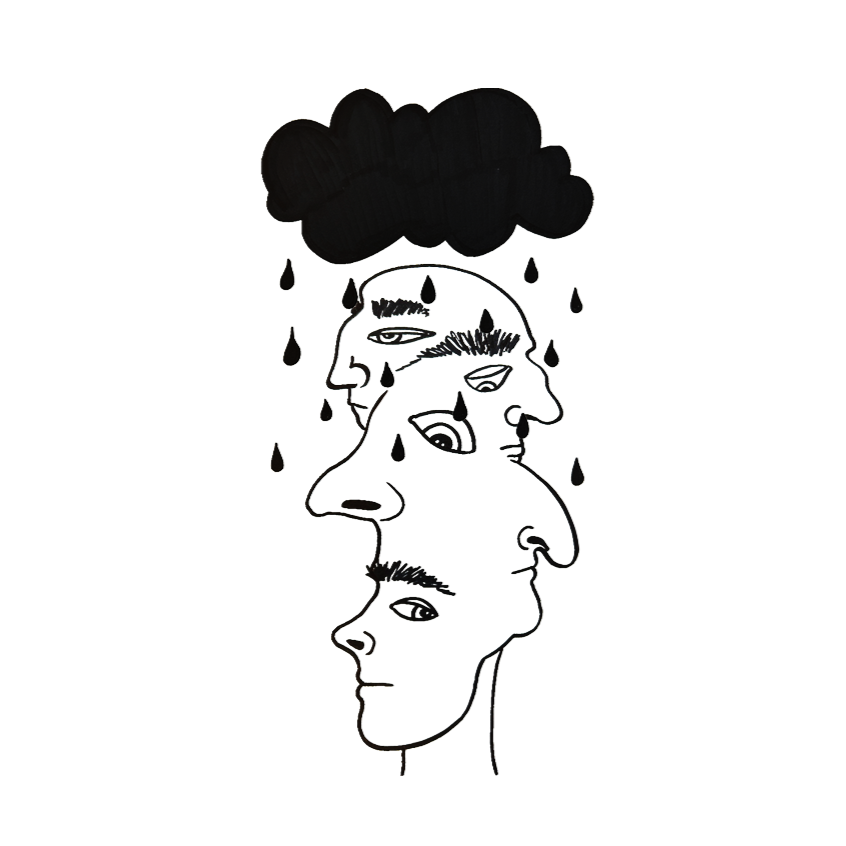 Line art illustration of a stack of human heads with facial features, topped by a dark cloud with falling raindrops.