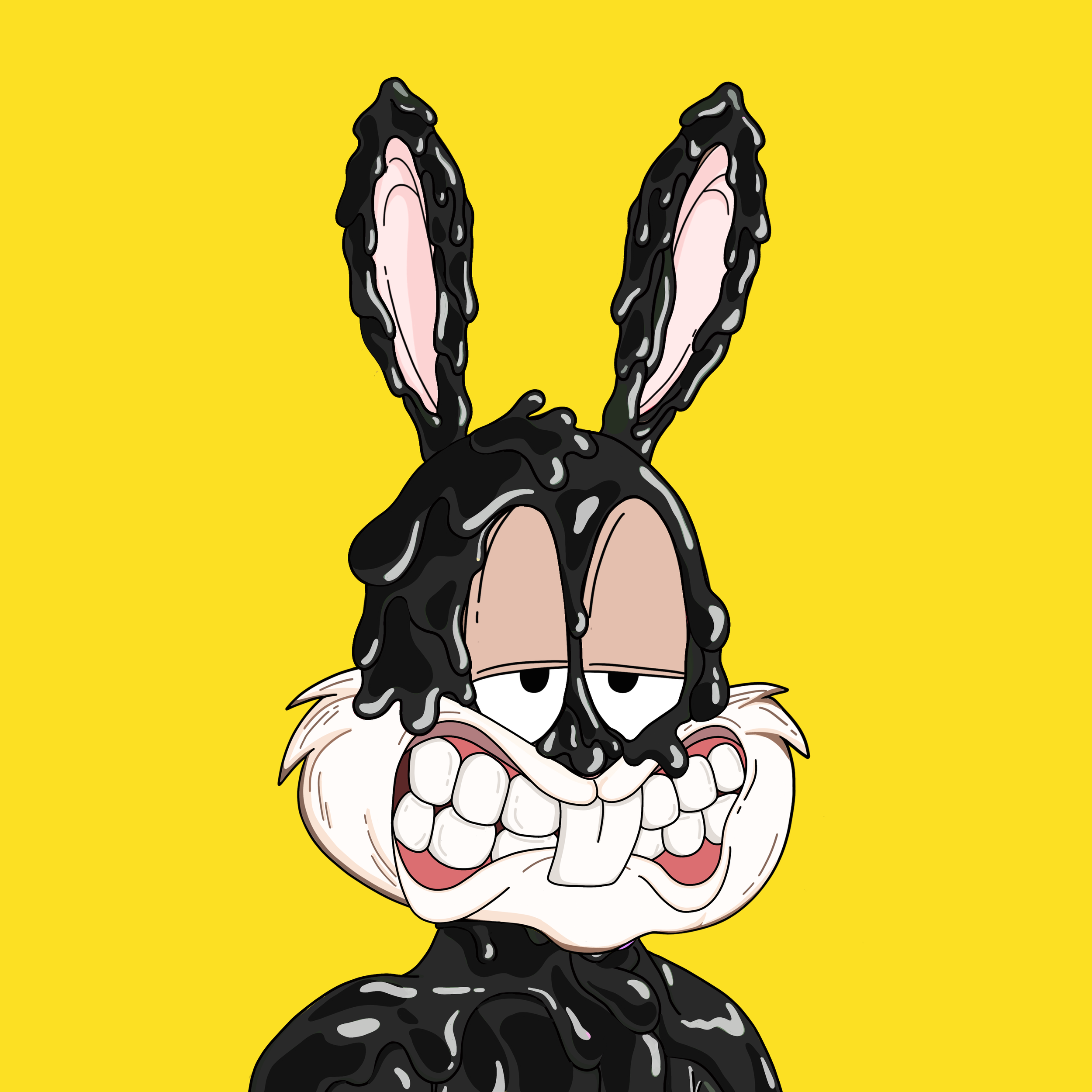 Digital illustration of a cartoon character resembling a pig with rabbit ears, covered in black slime, with exposed teeth and wide eyes, set against a bright yellow background.