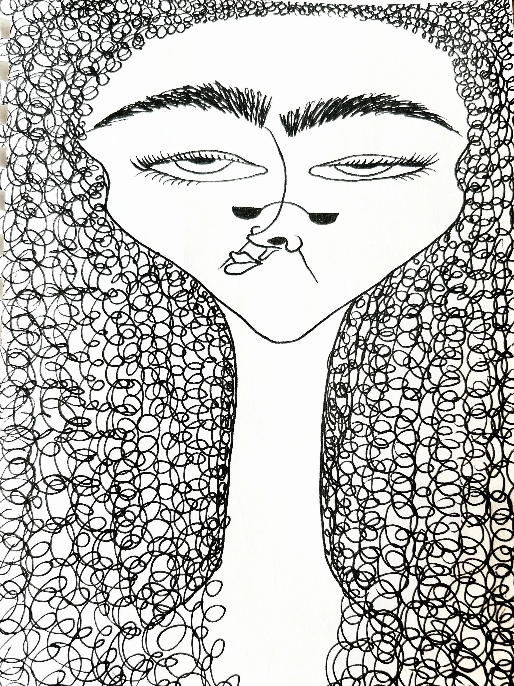 A line drawing of a person's face with closed eyes. The person has curly hair and exaggerated facial features, including thick eyebrows, long eyelashes, and full lips.