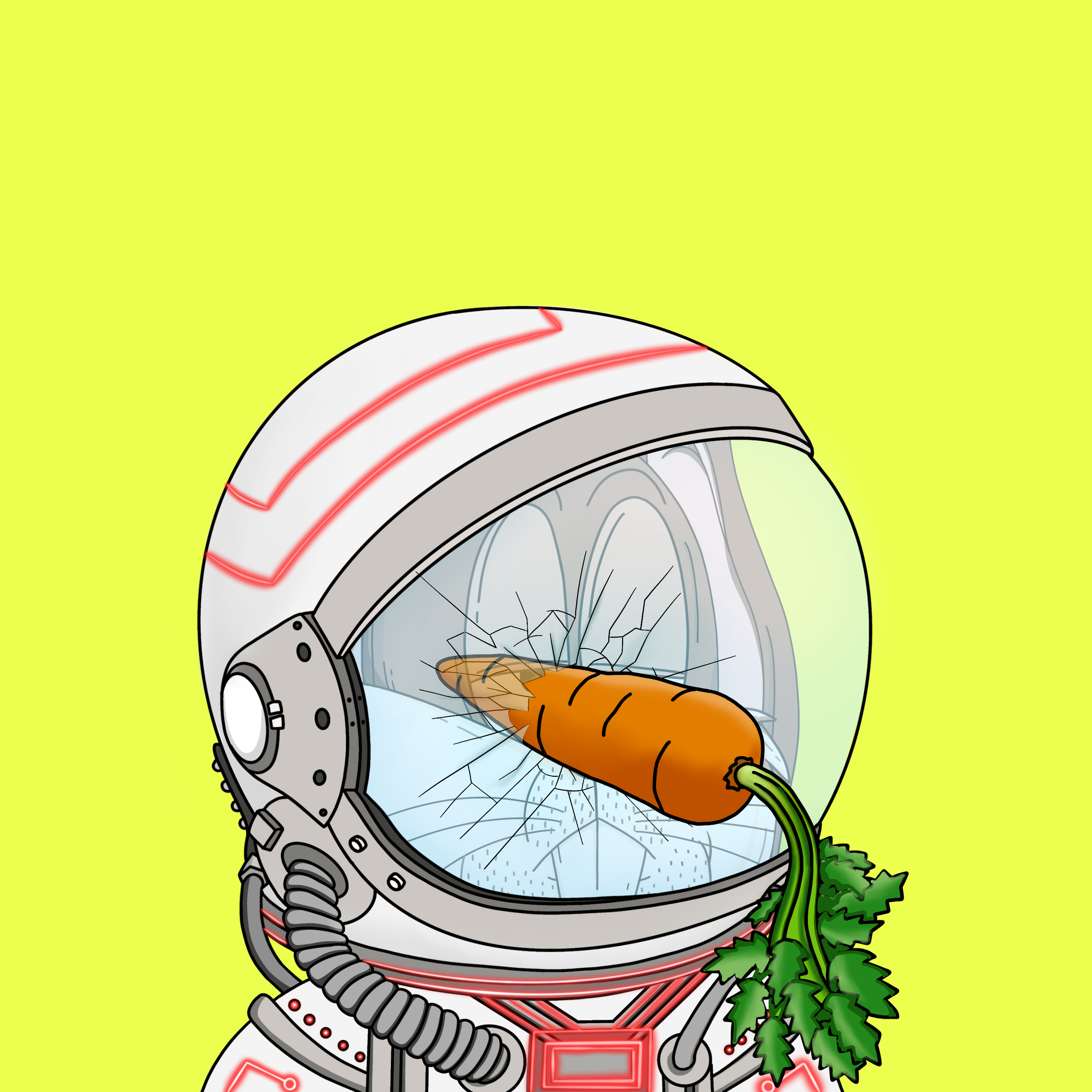 A cartoon astronaut helmet with cracks, inside of which a carrot is stuck. The background is bright yellow.
