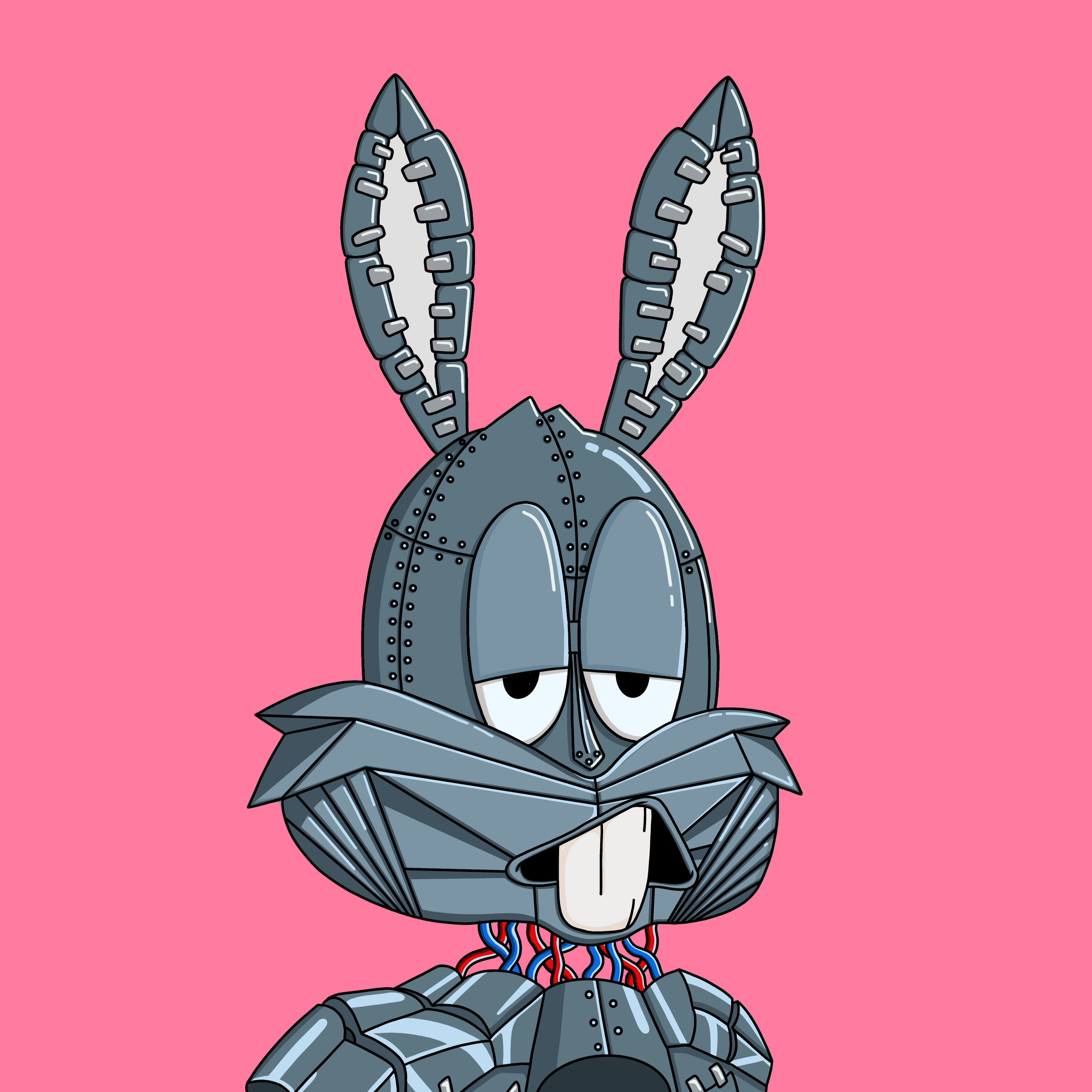Illustration of a robot with a human face, wearing a metal armor suit against a pink background.