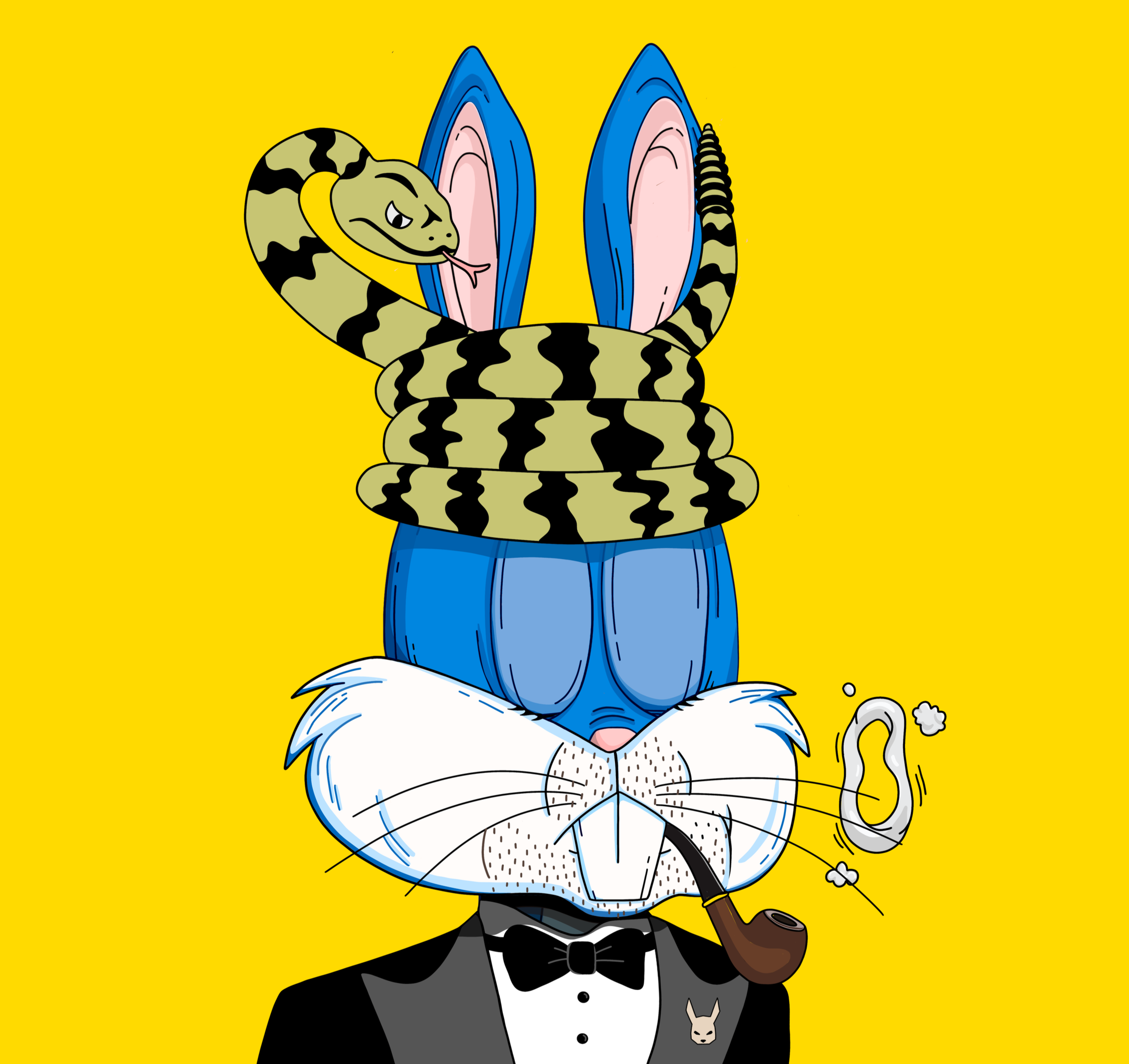 A cartoon of a stylish cat with white fur, blue eyes, and a bow tie, dressed as a gentleman with a tuxedo, smoking a pipe and wearing a yellow headband and a snake slithering around its neck. The background is solid yellow.
