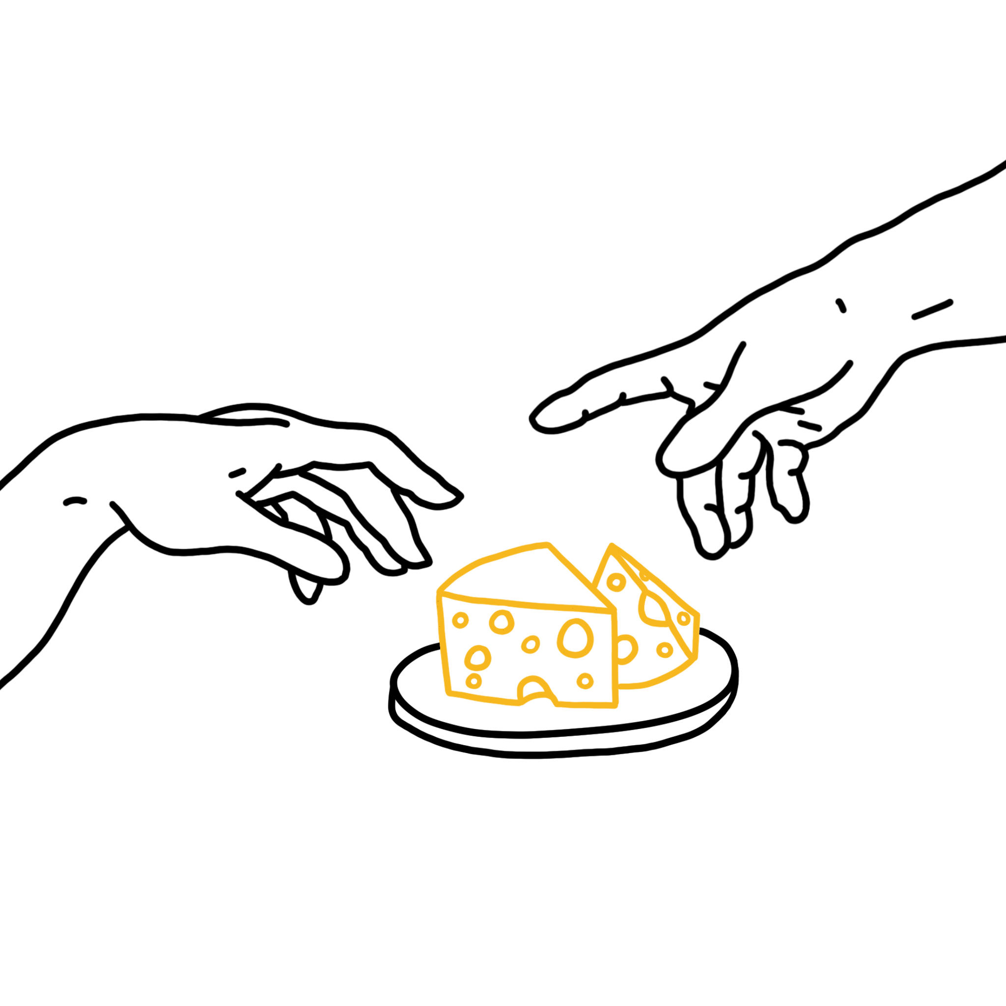 Outline drawing of two hands about to roll dice on a platform.