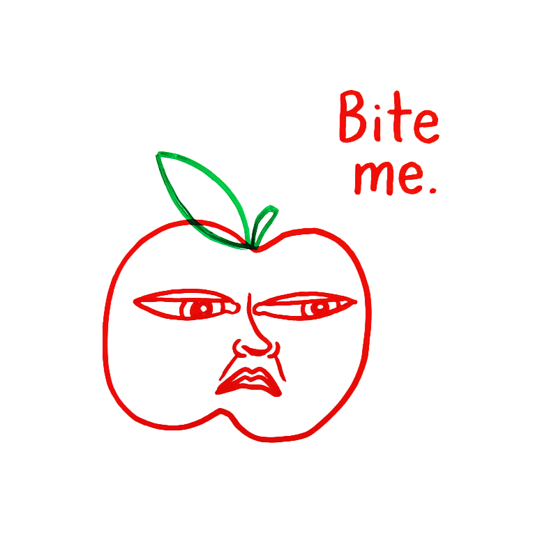 A drawing of a red apple with human-like eyes and a mouth, with a green leaf on top. The apple has an angry expression and the words 'Bite me.' written in red above it.