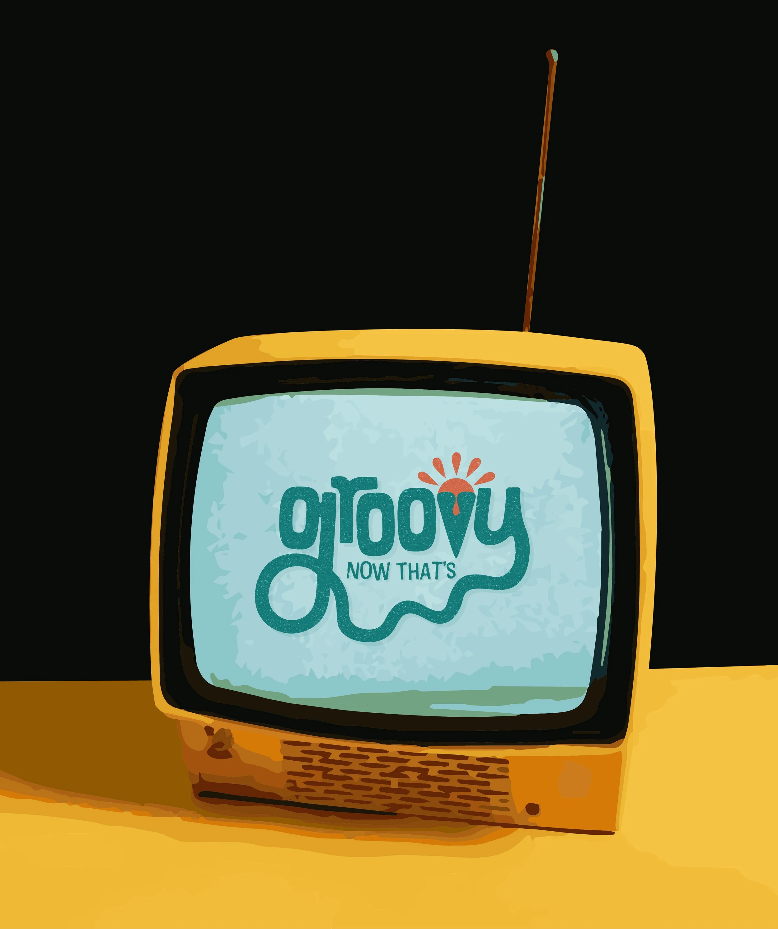 A vintage yellow television set with a rounded screen displaying a stylized graphic with the text 'You grow now that's'. The television has an antenna on top and is placed on a two-tone orange and yellow background.