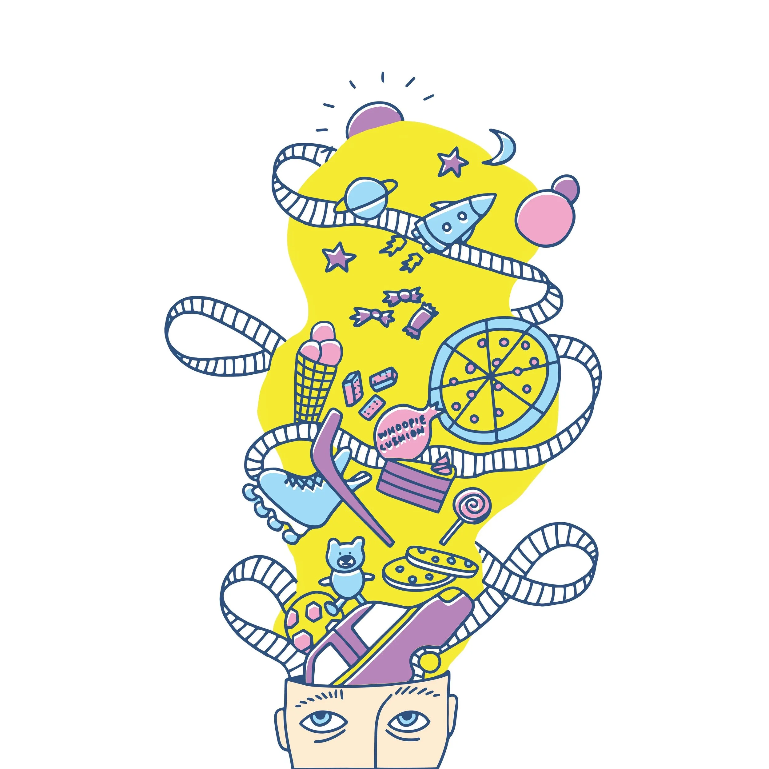 Illustration of a human head with an upside-down view showing their brain and various objects coming out of the brain, including planets, stars, candy, pizza, and a rocket, all in a colorful, cartoon style.