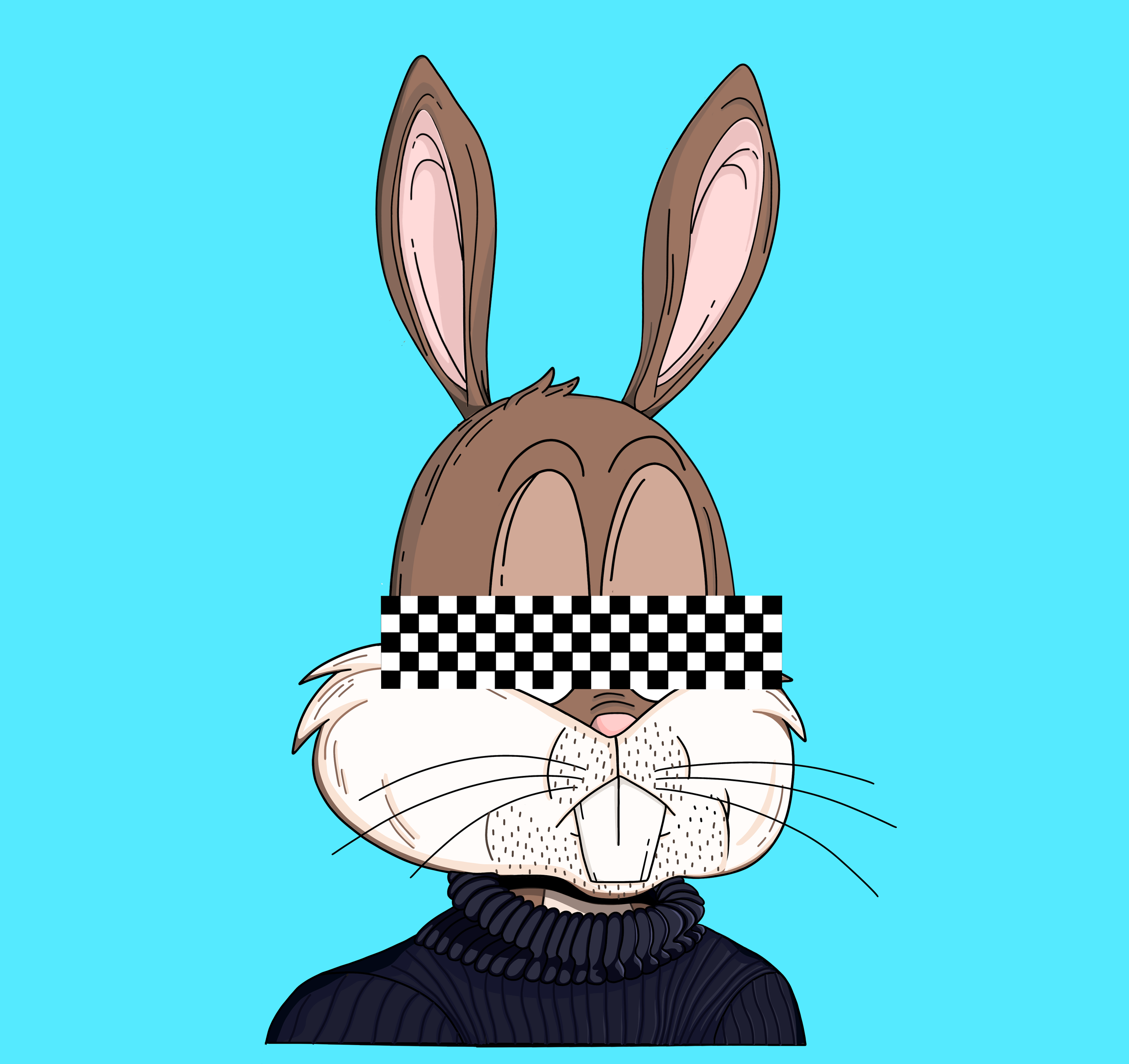 A cartoon illustration of a rabbit with large ears, wearing black clothing, with a bright blue background.