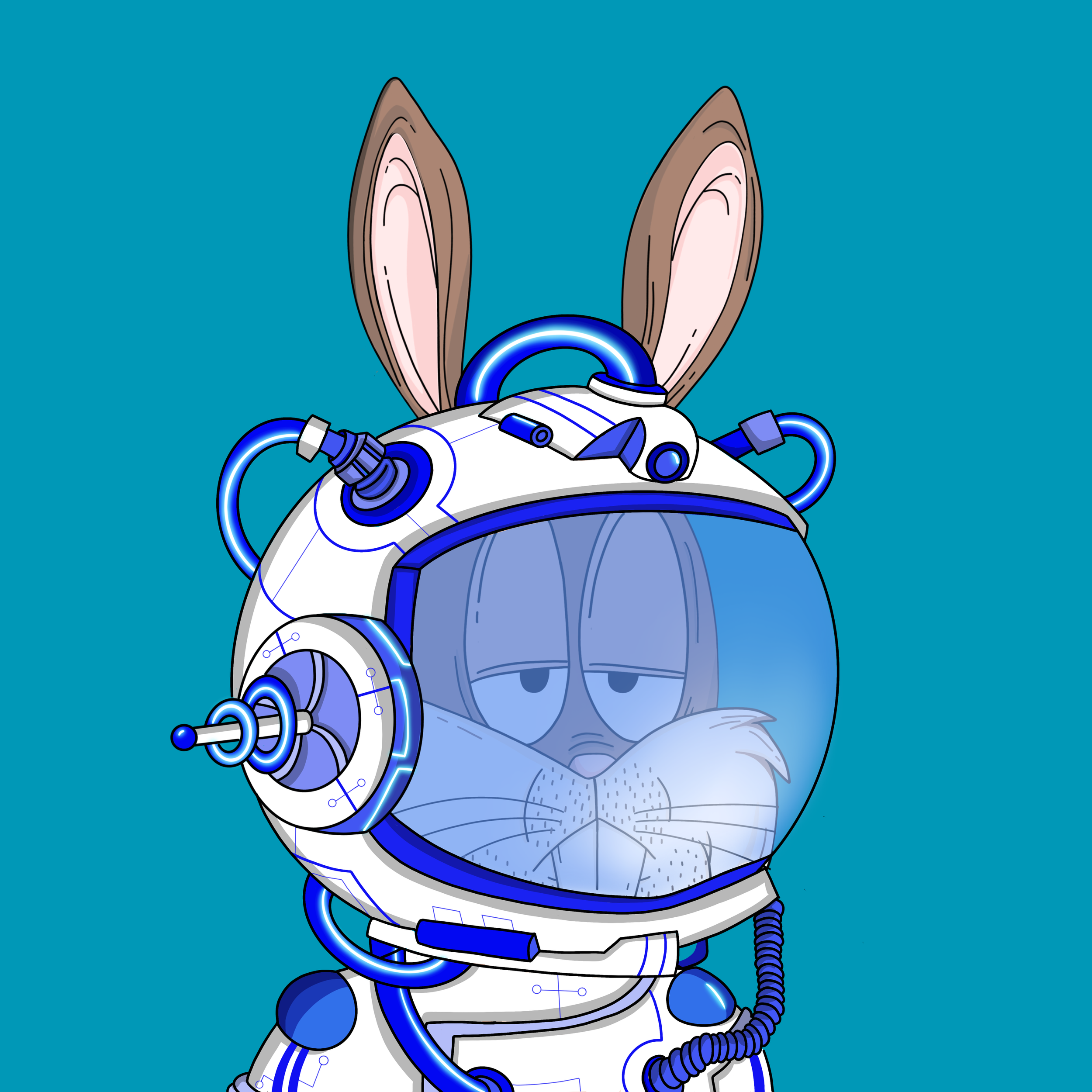 A cartoon illustration of a rabbit in a futuristic astronaut suit with glowing blue accents, standing against a blue background.
