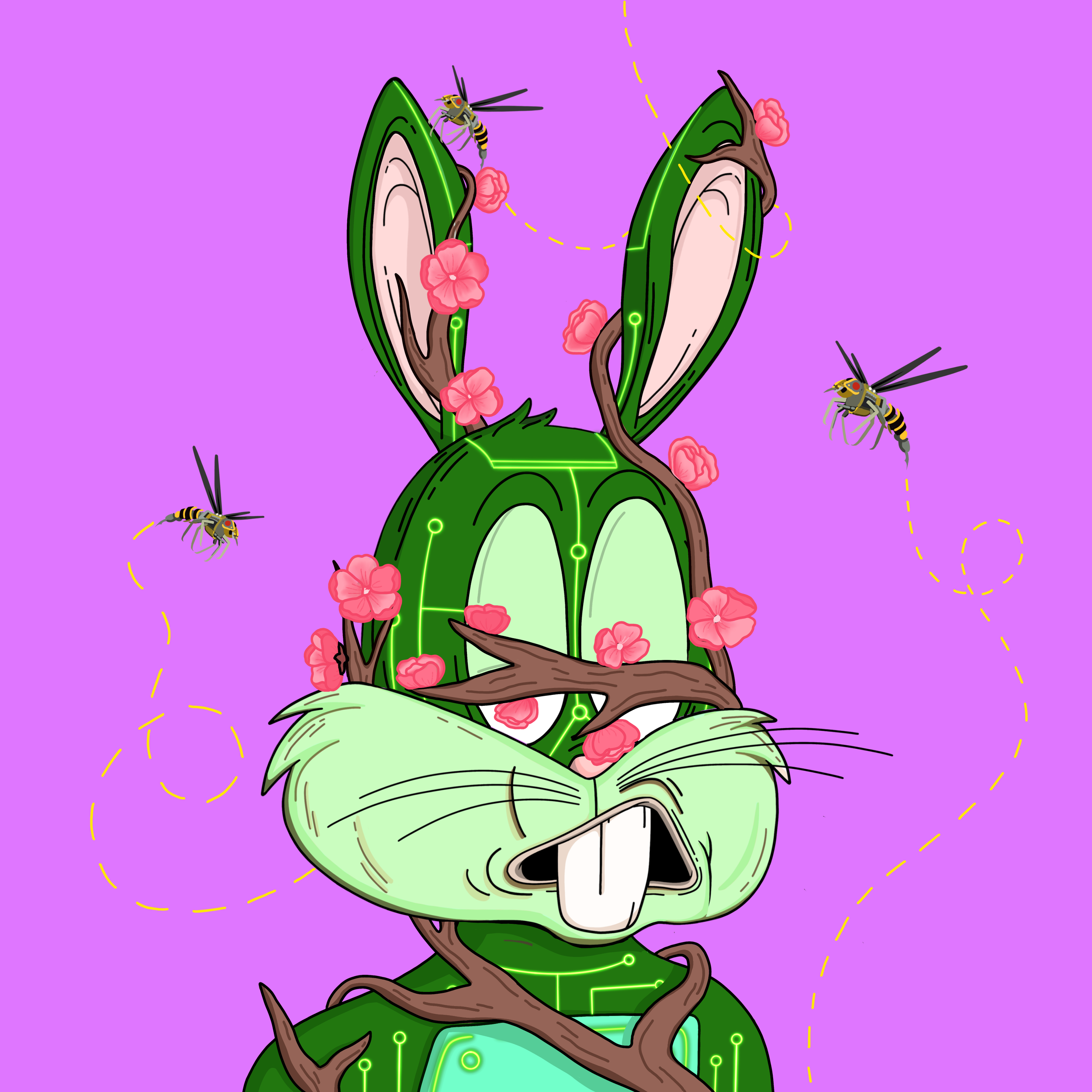 Digital illustration of a humanoid figure with a tree growing from its head, pink flowers blooming on the tree, and bees flying around, set against a purple background.