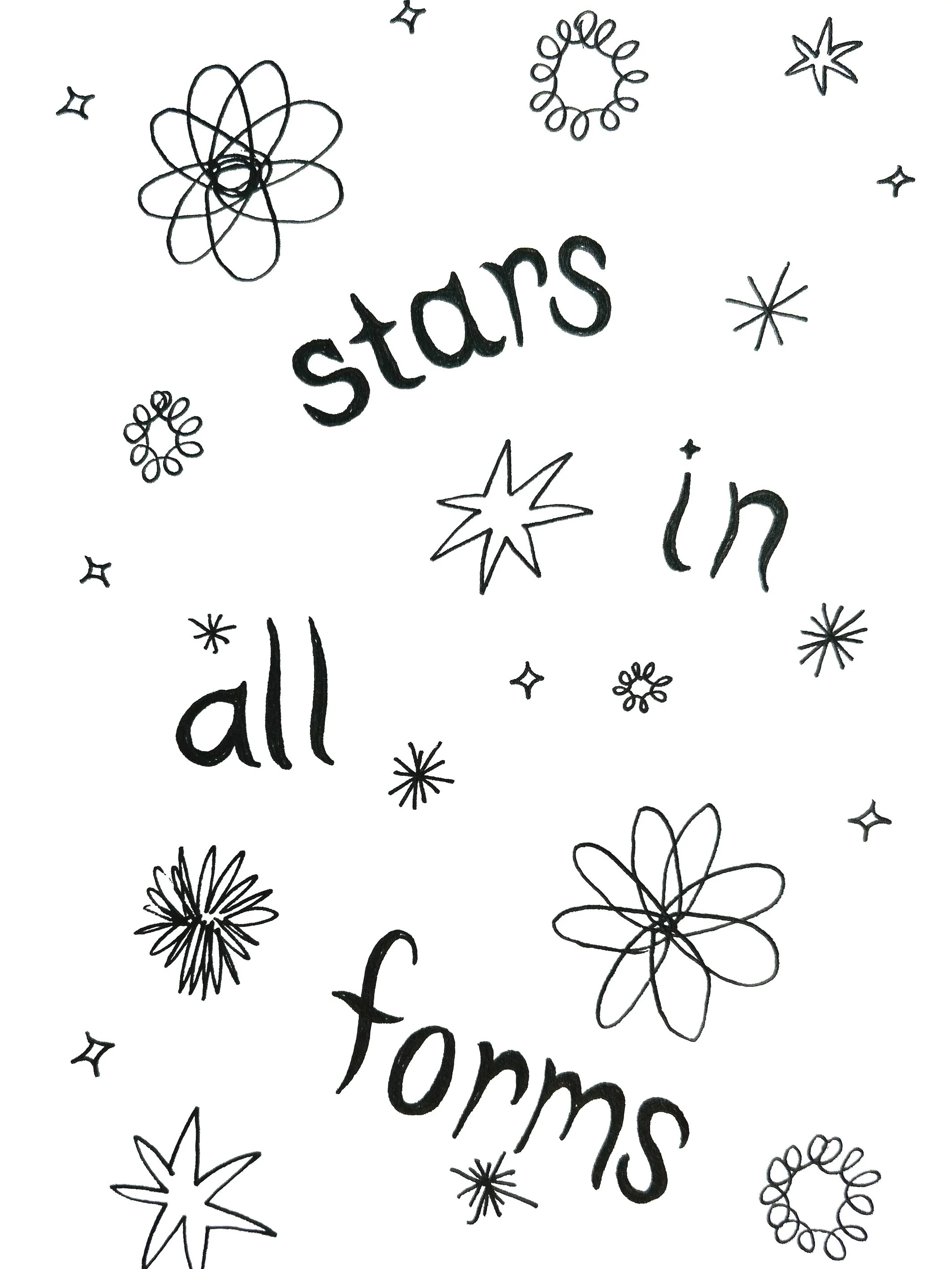 Hand-drawn black and white doodles of stars, flowers, and circles surrounding the words "stars," "in," and "all" written in black, playful, handwritten font.