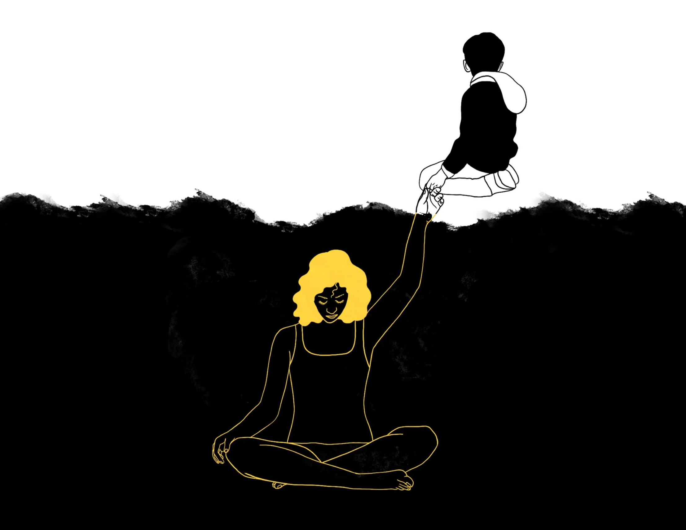 A digital illustration of a person sitting cross-legged in a meditative pose, with a yellow figure of a woman with curly hair below them. The person's outline is minimalistic, with black lines, and the background is white with black abstract shapes at the bottom.