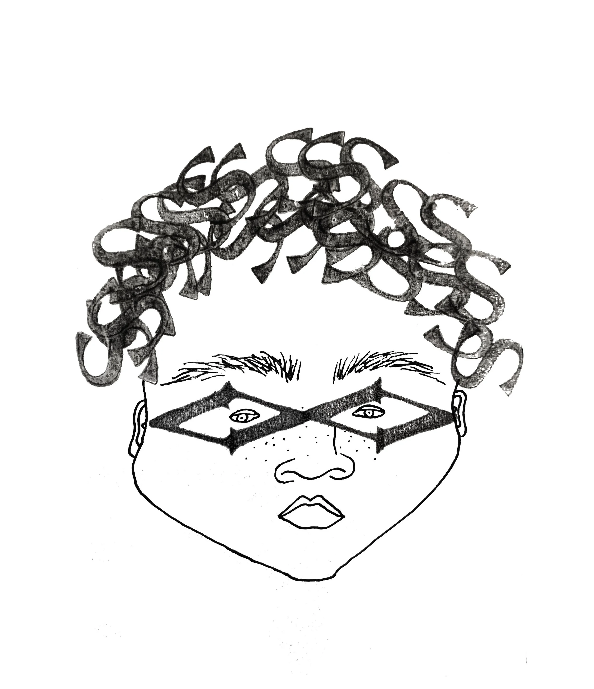 A black and white illustration of a person's face with curly hair, closed eyes, and geometric patterns on the forehead and around the face.