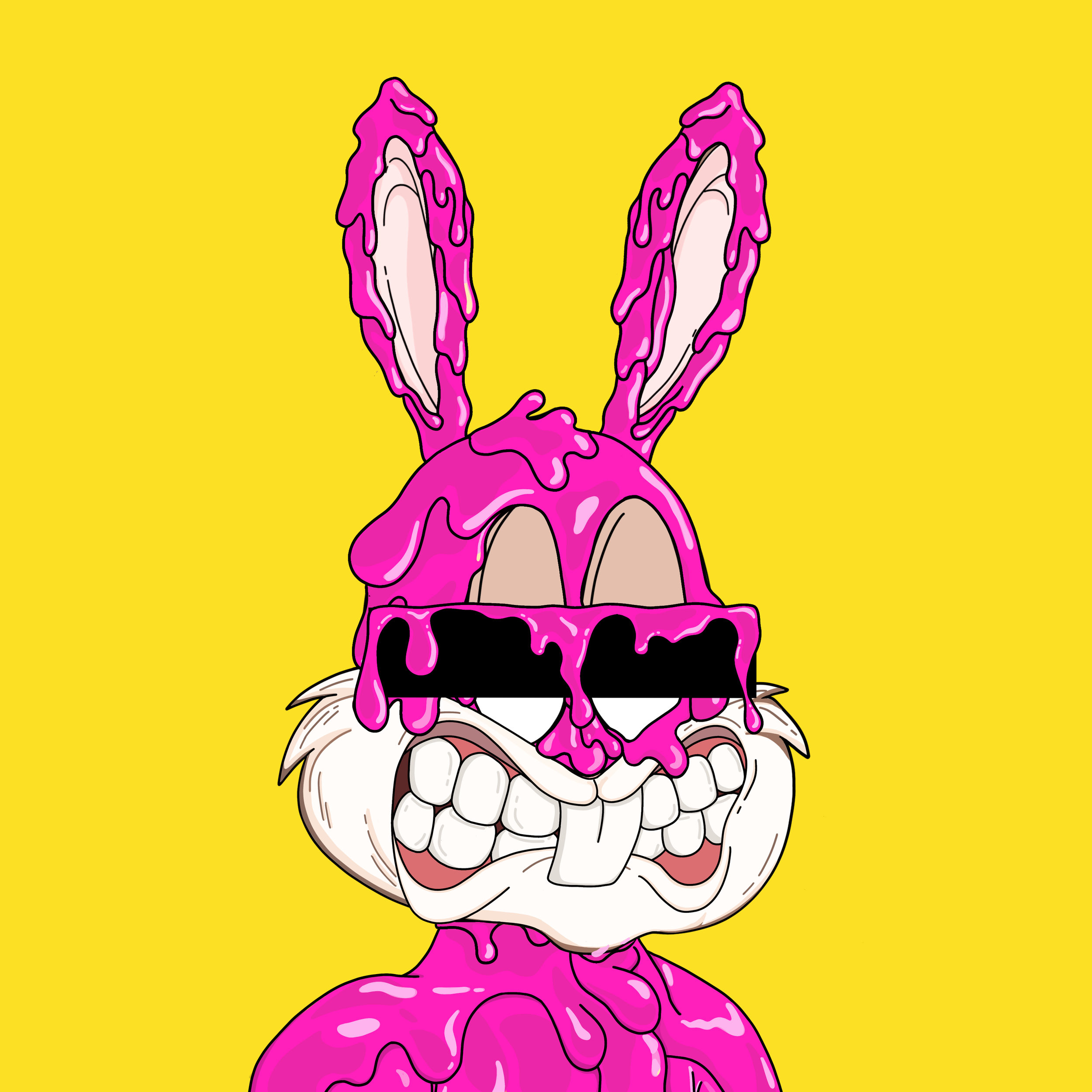 An NFT illustration for Redacted Rabbits, a rabbit covered in pink paint with a redaction bar over the eyes.