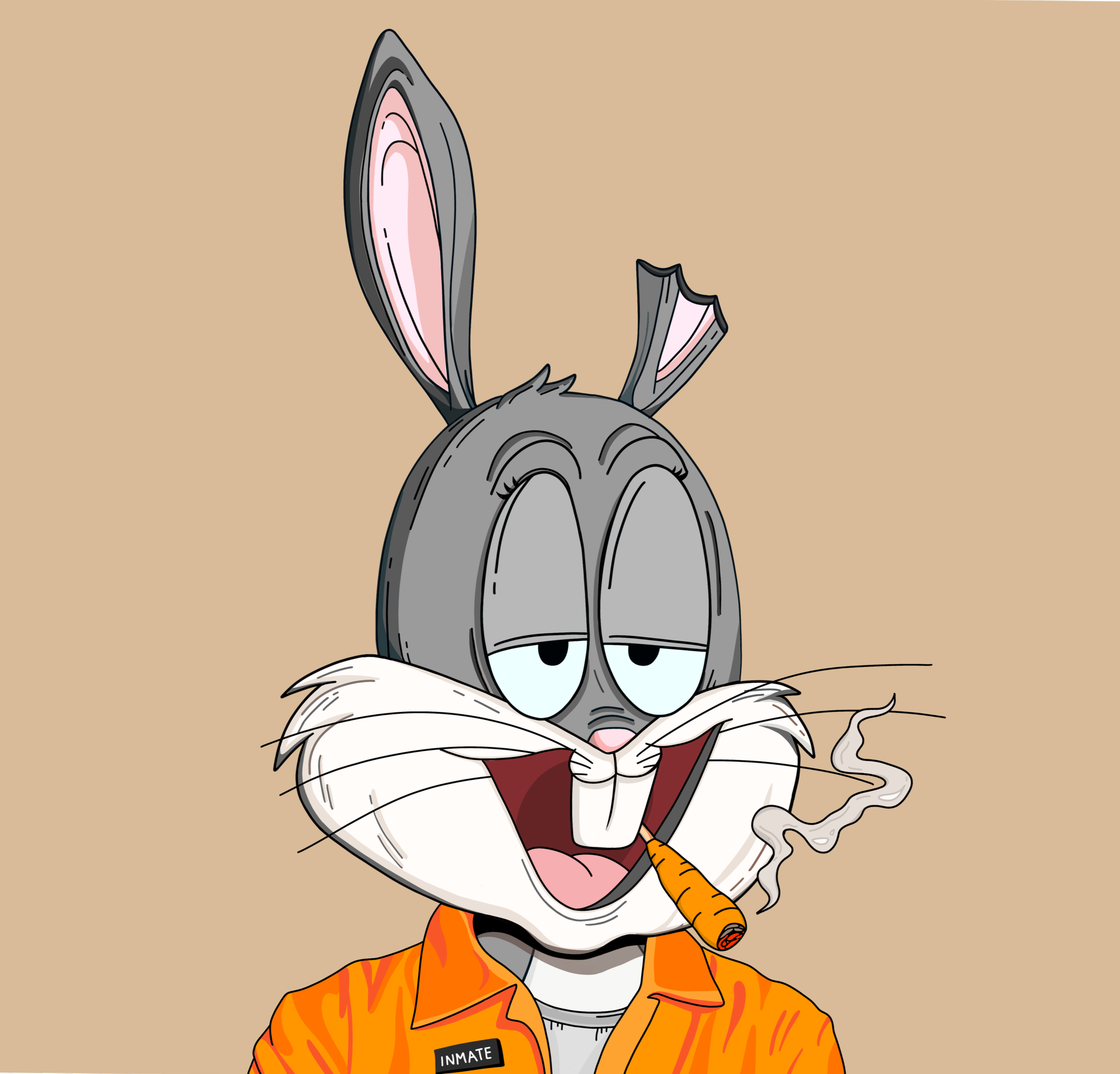 An NFT illustration for Redacted Rabbits dressed as an inmate in an orange prison jumpsuit with a black badge labeled 'INMATE' on the chest, holding a lit cigar in his mouth.