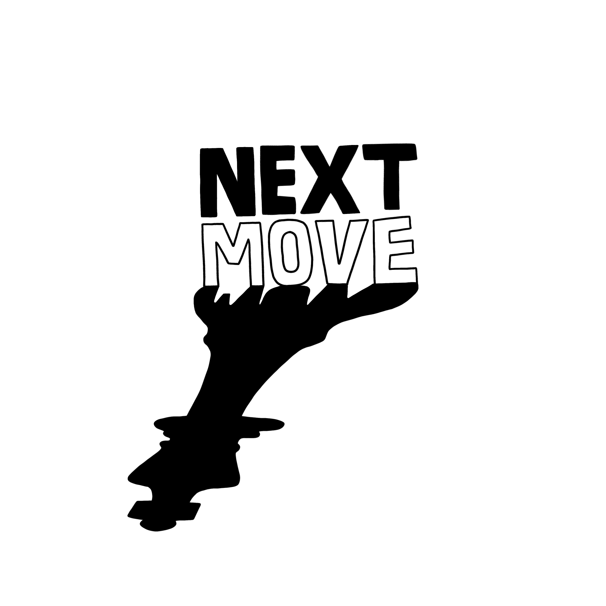 Black 3D silhouette of the words 'NEXT MOVE' in bold uppercase letters, with the shadow looking like a chess piece.