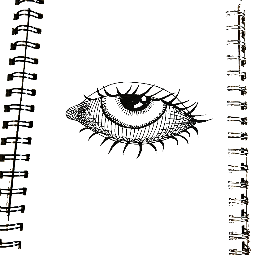 Black ink drawing of a human eye with long eyelashes, on a spiral notebook page.