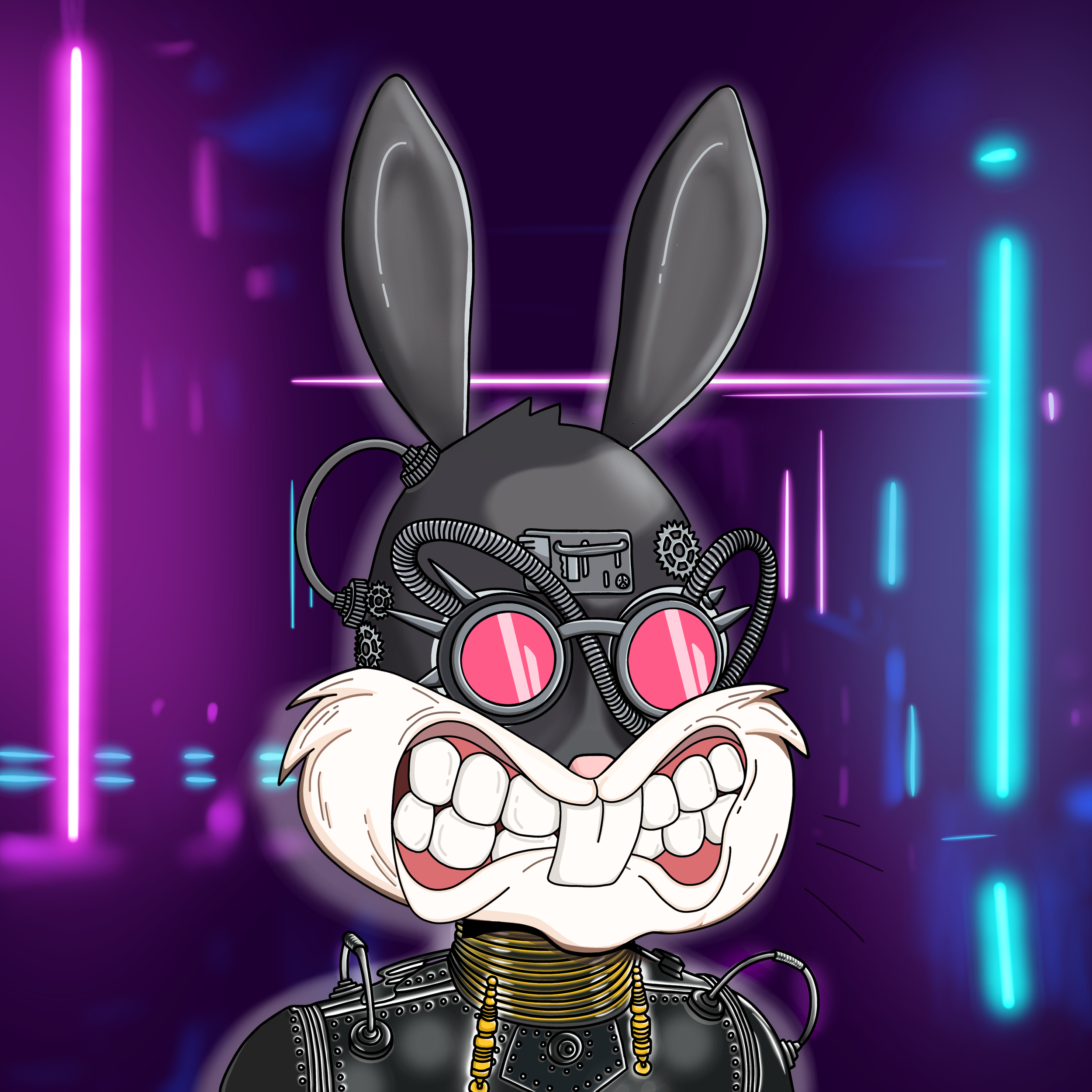 An NFT illustration for Redacted Rabbits with large grey ears and pink eyes wearing a black mechanical suit with cables and gold jewelry, set against a neon-lit background with purple, pink, and blue glowing lines and shapes.