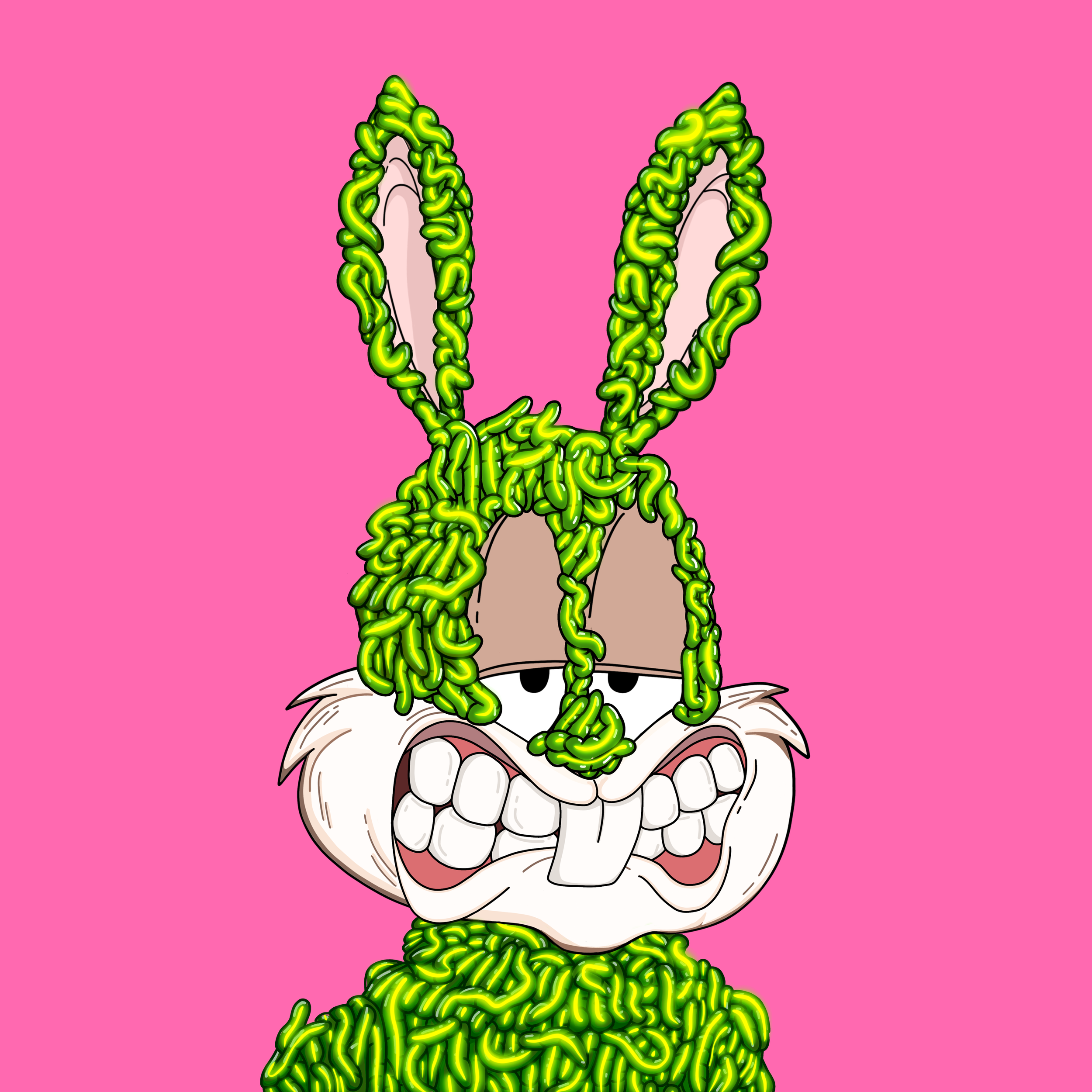 An NFT illustration for Redacted Rabbits with a large grin, partially covered by bright green neon-like spaghetti strands or worms on a pink background.