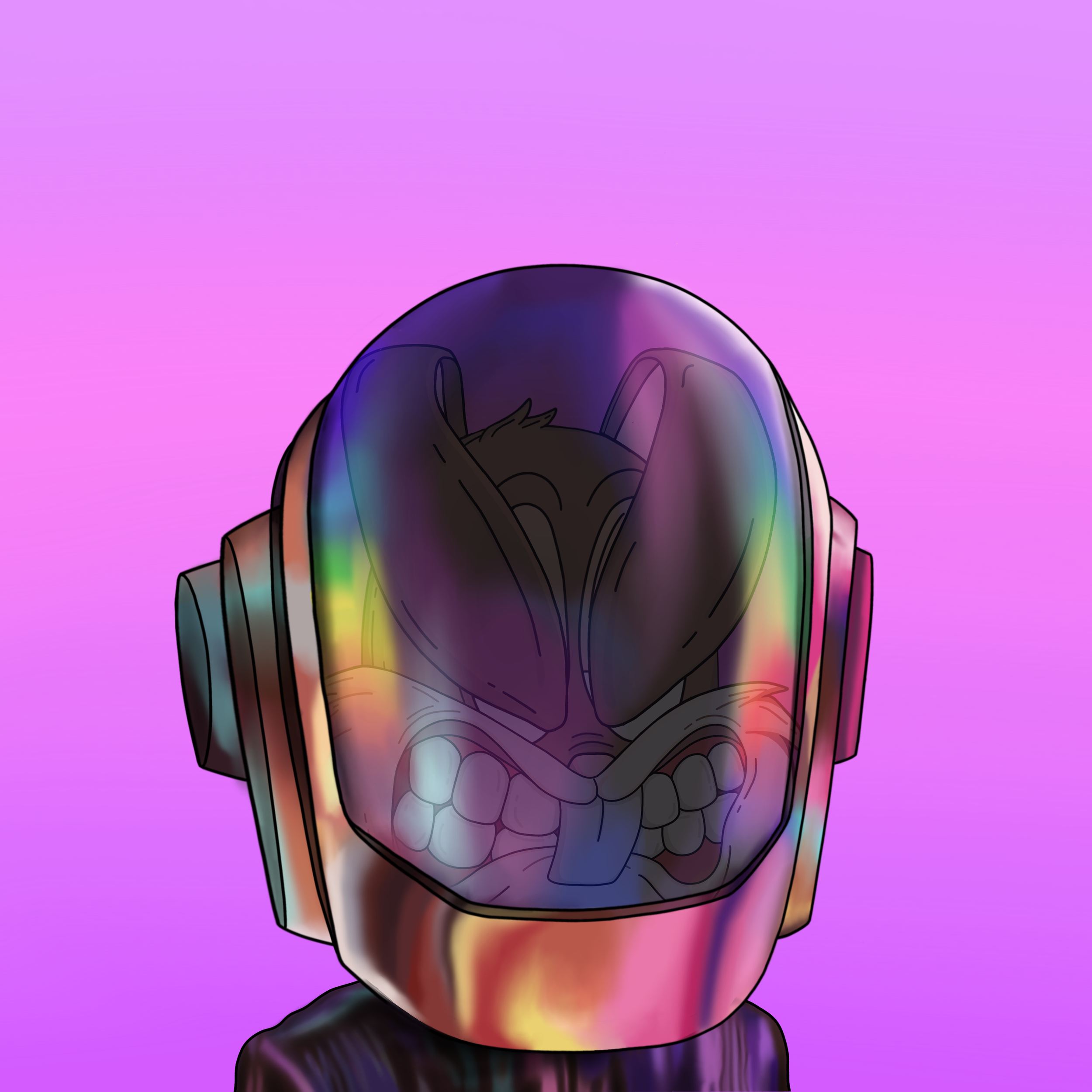 An NFT illustration for Redacted Rabbits wearing a colorful helmet with a rainbow-like pattern, set against a pink background.