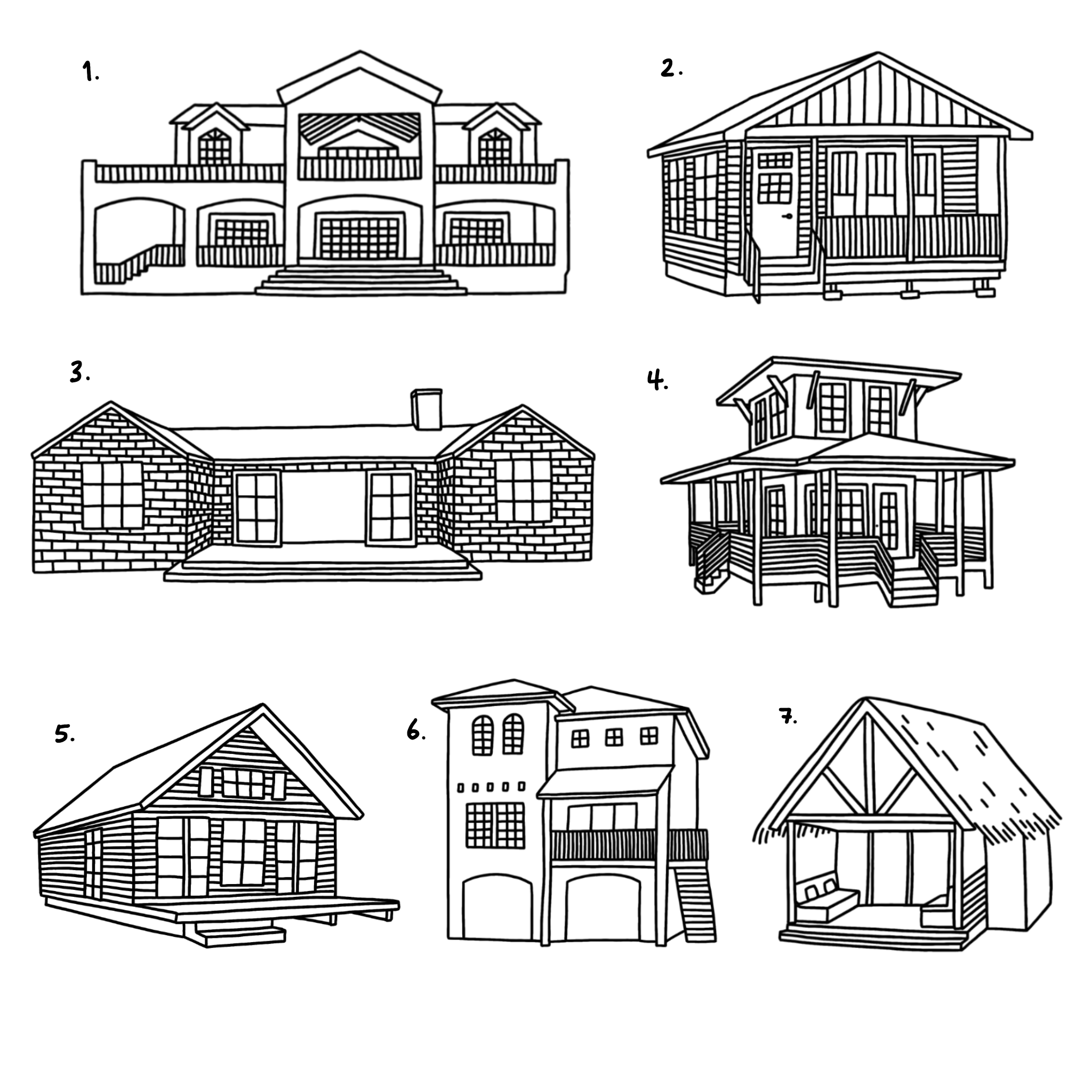 Black and white line drawings of various house styles, including a mansion, a cottage, and a traditional home, numbered from 1 to 7.