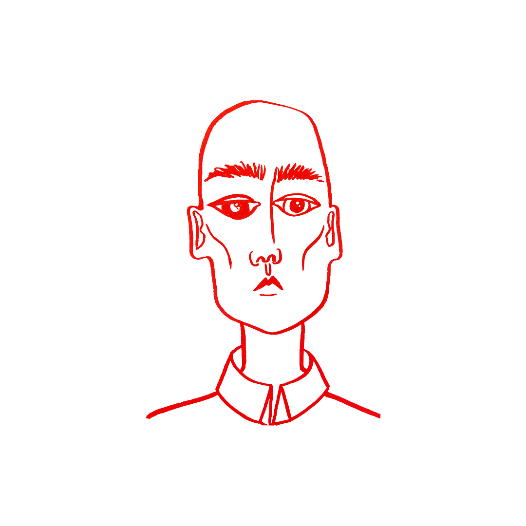 Line drawing of a person's face with an asymmetrical expression, with thicker eyebrows and a collared shirt.
