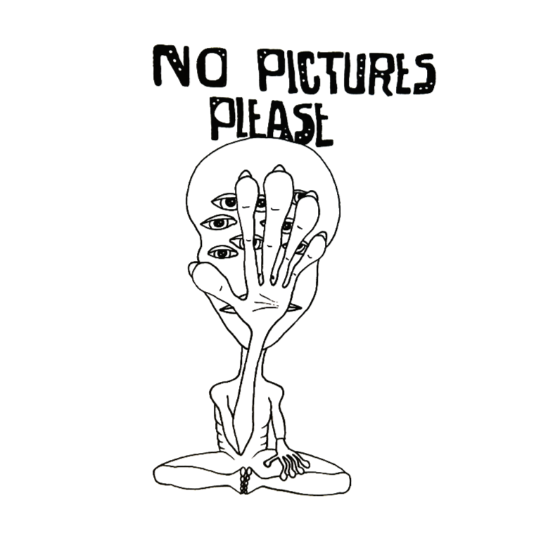 A black and white illustration of a human hand with multiple eyes, emerging from a base resembling a landscape, with the phrase 'NO PICTURES PLEASE' written above.