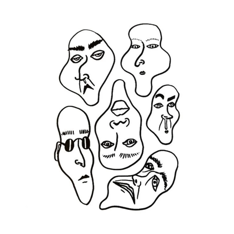 Black line drawing of various abstract and stylized human faces with different expressions and features
