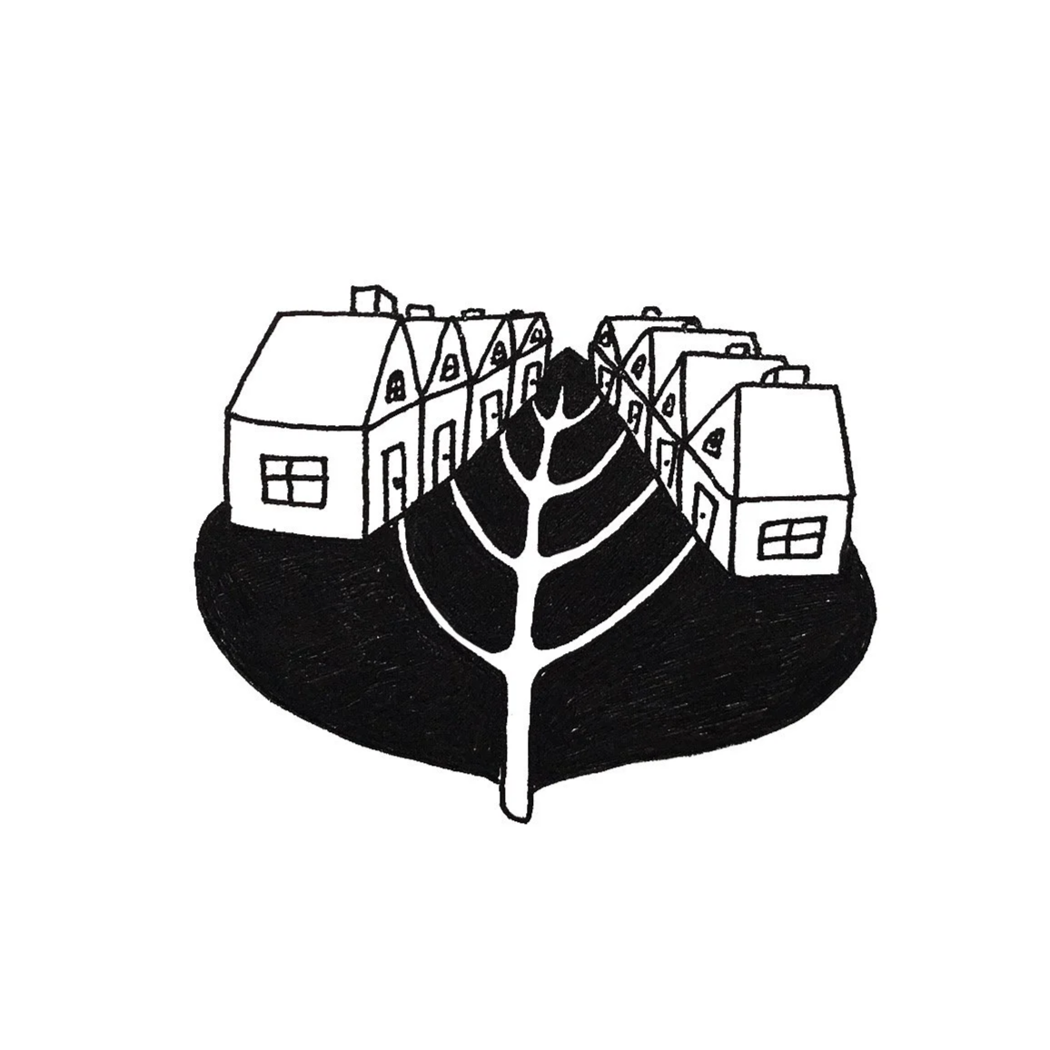 Black and white illustration of a tree with a black canopy and white veins, surrounded by several small houses.