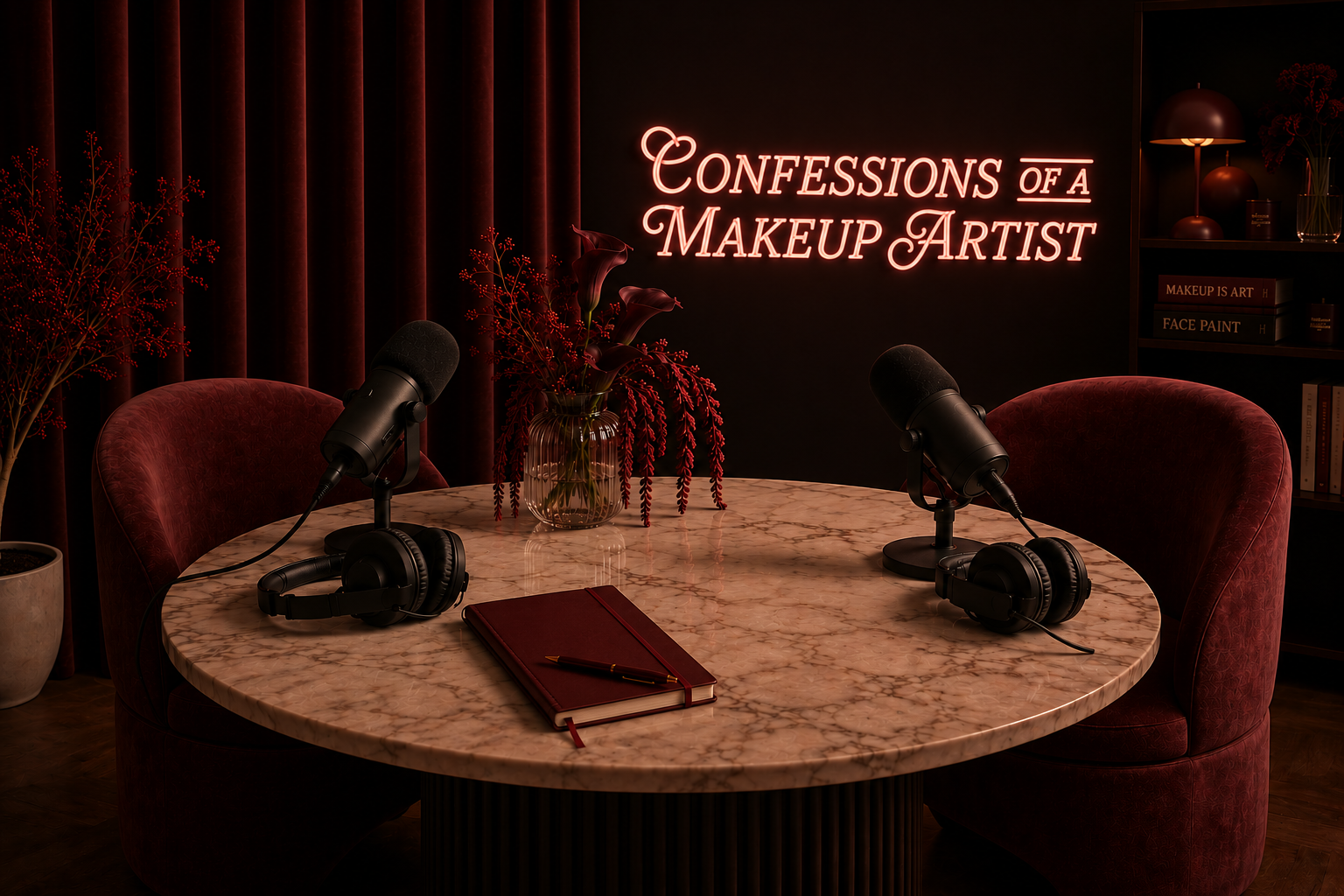 A podcast or interview setup with a marble table, pink chairs, two microphones, and headphones. There is a neon sign that reads 'Confessions of a Makeup Artist' on a dark background with red curtains, flowers, and books in the background.