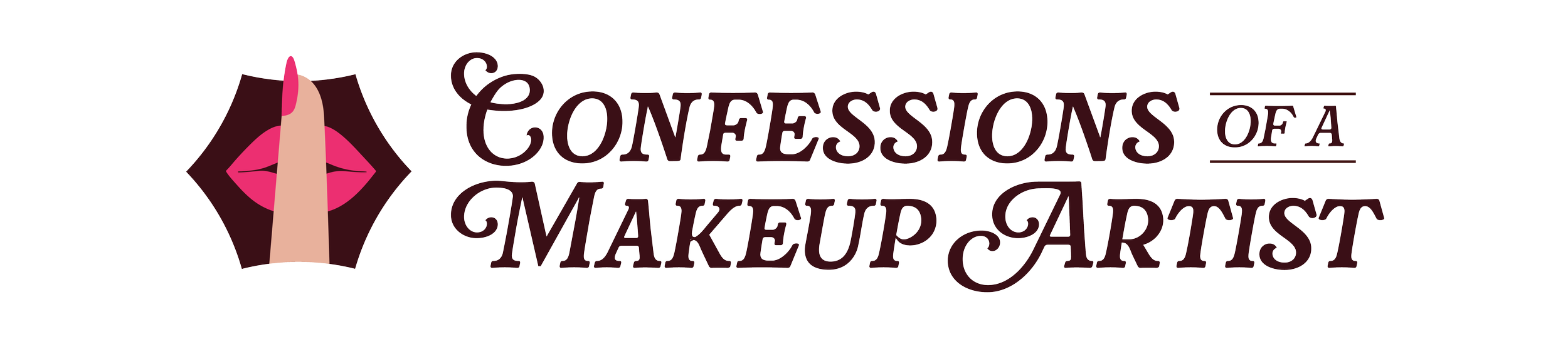 Logo for 'Confessions of a Makeup Artist' featuring a pair of lips with a finger pressed against them in a 'shush' gesture, and the text 'Confessions of a Makeup Artist' in stylized font.