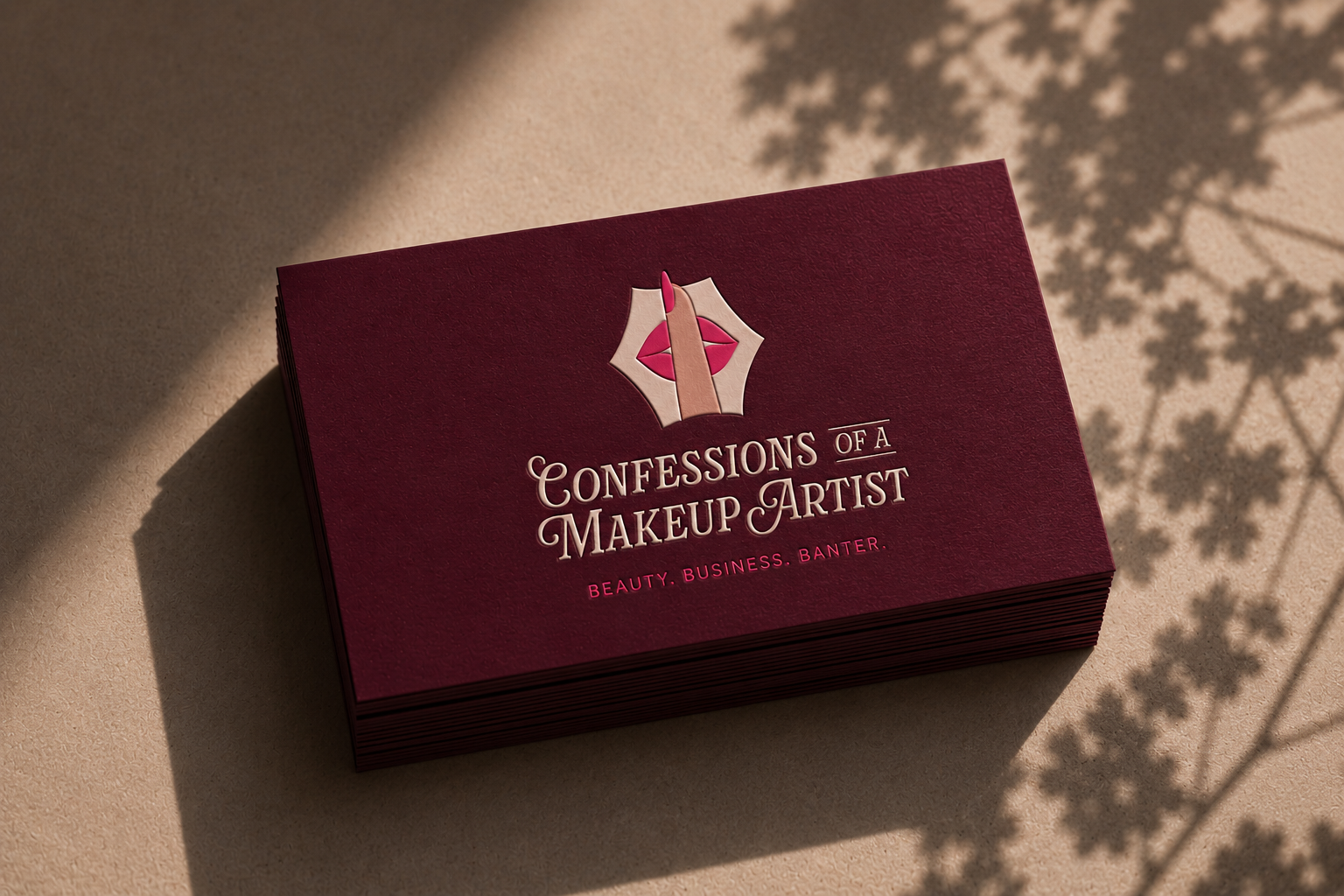 Close-up of a maroon business card stack with a logo featuring a lipstick and lips, and text 'Confessions of a Makeup Artist,' along with the subtitle 'Beauty, Business, Banter' on a beige surface with shadowed flowers.
