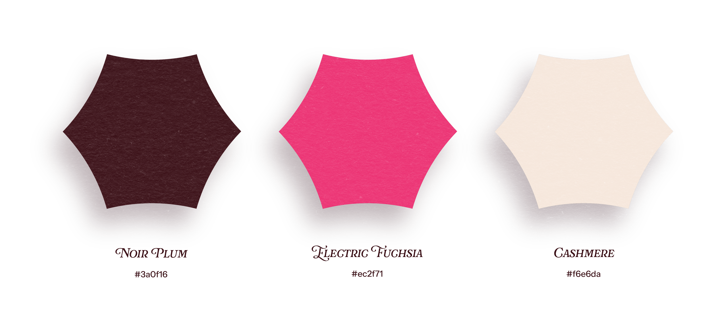 Three colour swatches labeled Noir Plum, Electric Fuchsia, and Cashmere with color codes