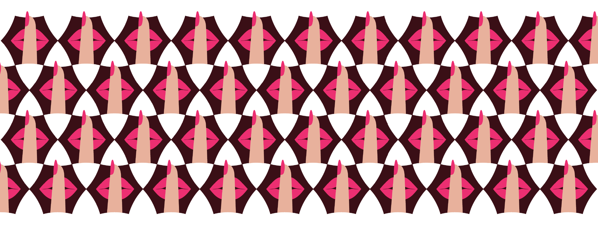 Pattern of stylized lips with open mouths and pointed noses in pink, black, beige, and white colors.