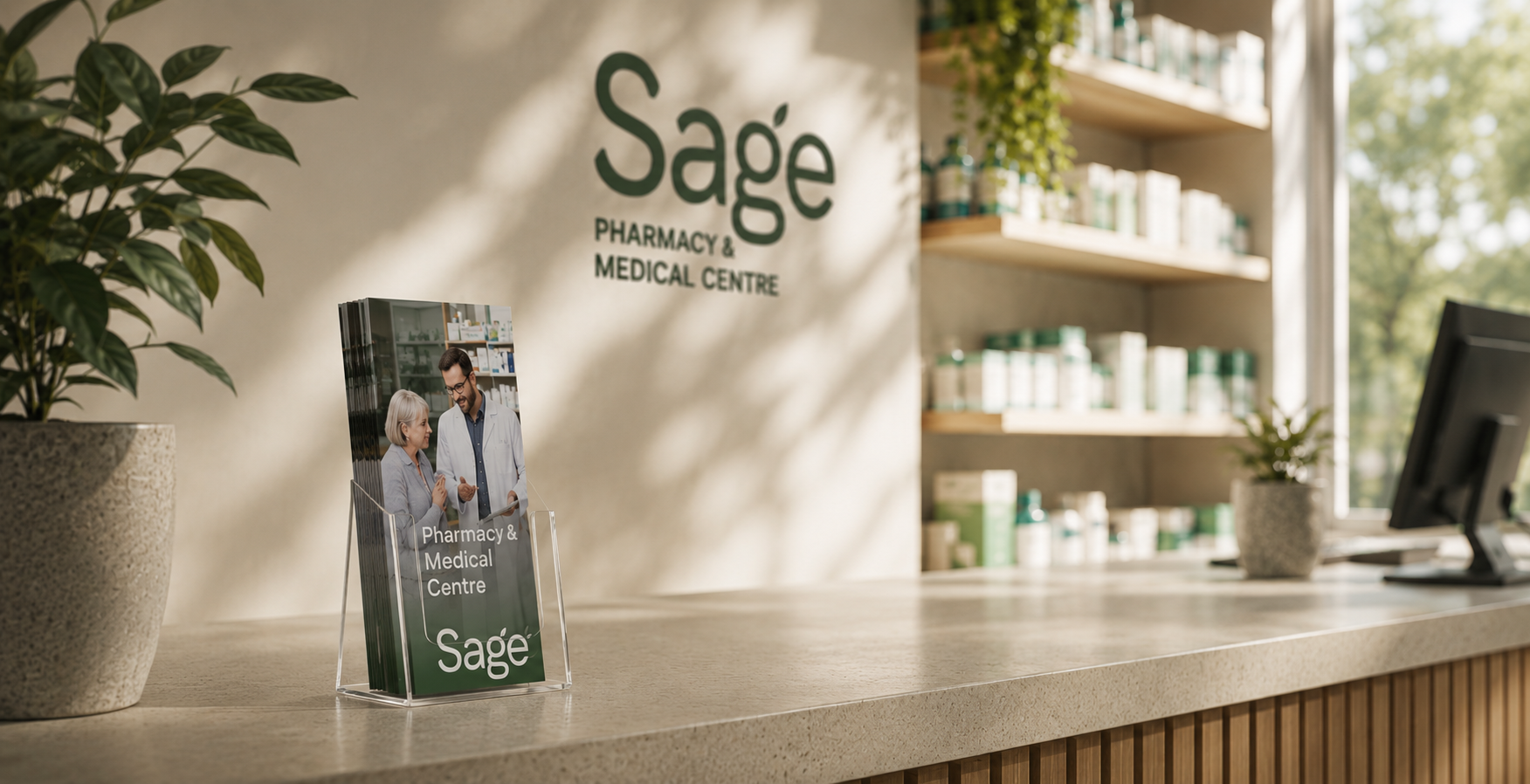 Reception desk at Sage Pharmacy & Medical Centre with potted plants on the counter and shelves with medicine bottles in the background.