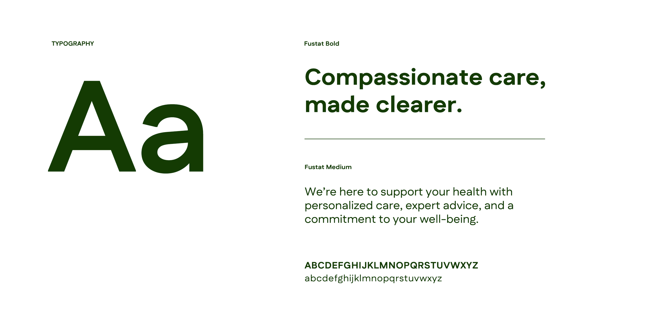 Sample text from a font style guide showing large green 'A' and a lowercase 'a' with descriptive text about typography, font weights, and support for personalized care.