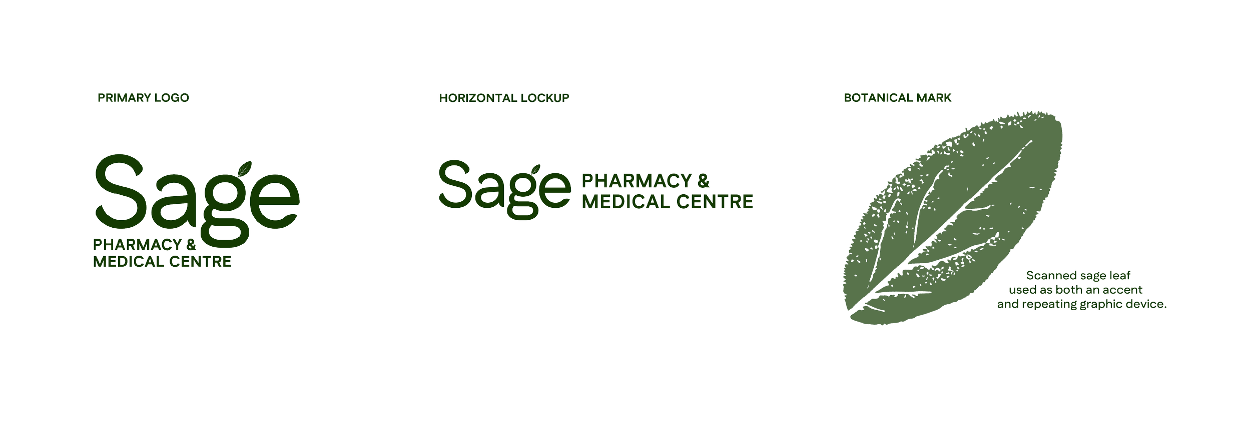Graphic design showing a revised logo for Sage Pharmacy & Medical Centre, featuring a scanned sage leaf used as an accent and repeating graphic device, alongside the original logo with green text and a leaf icon.