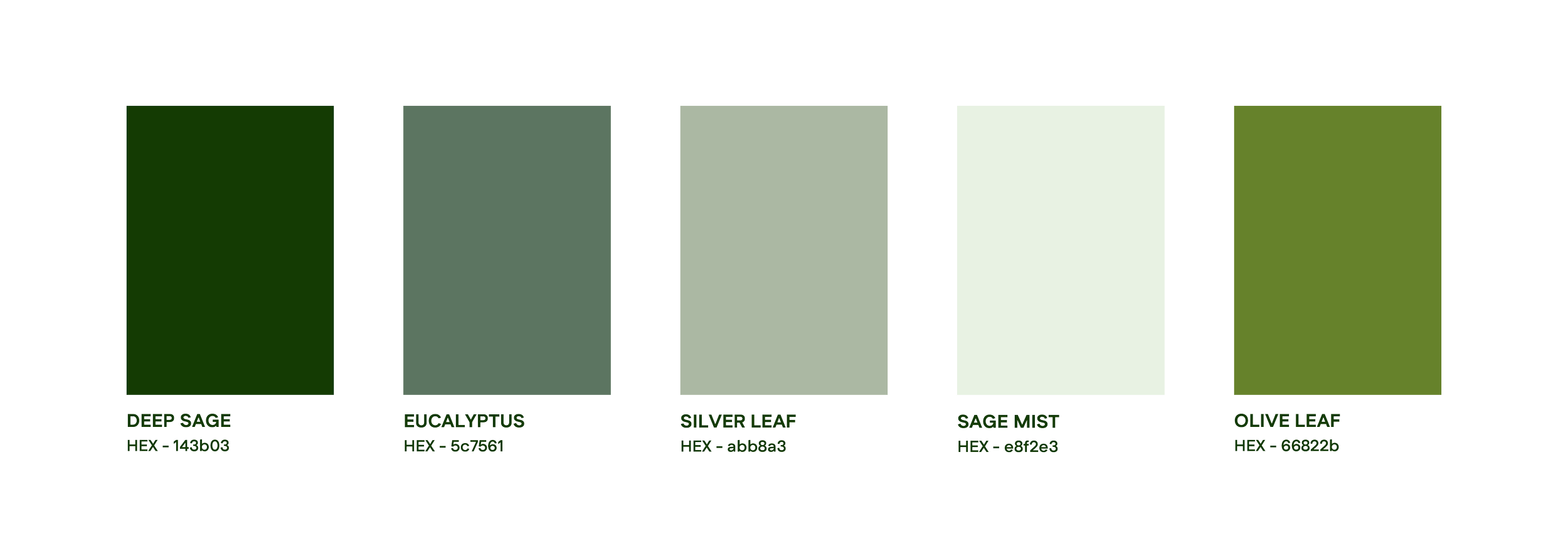 Color swatches of five different shades of green, labeled from left to right as Deep Sage, Eucalyptus, Silver Leaf, Sage Mist, and Olive Leaf, with corresponding HEX codes.