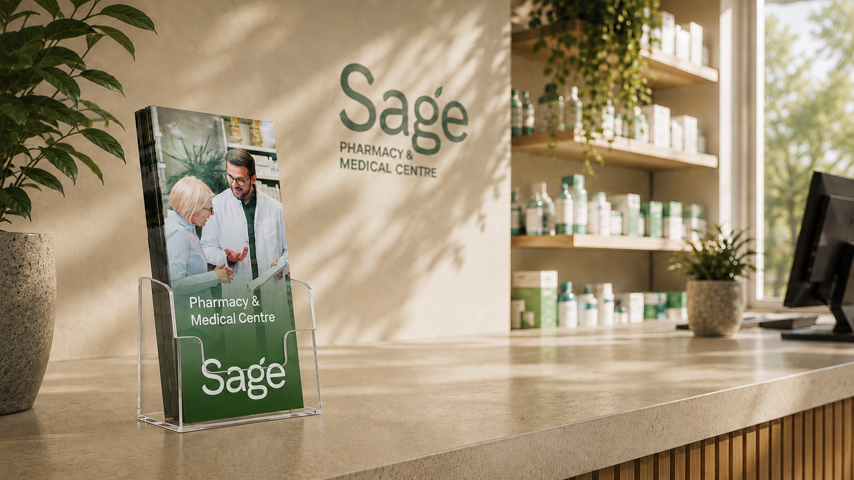 Reception area of Sage Pharmacy & Medical Centre with a counter, potted plants, shelves stocked with medicine bottles, and a computer monitor.