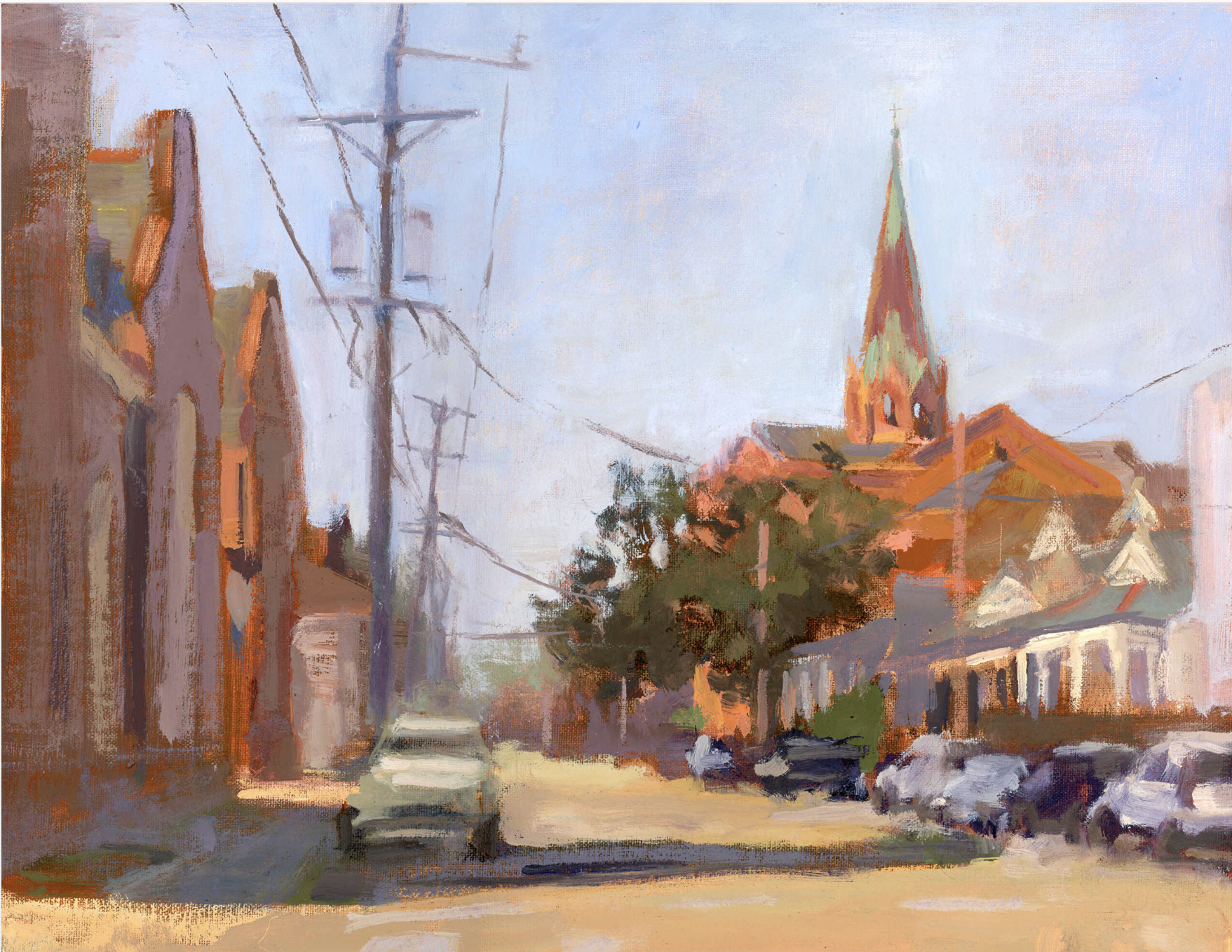 An impressionistic painting of a city street scene with power lines, a church steeple, trees, and buildings in warm colors.