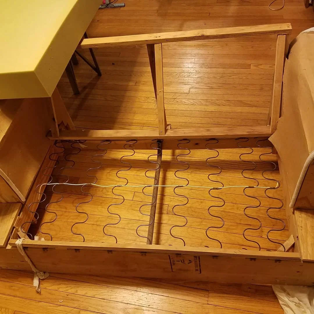 A loveseat that needed some love. Custom cut and formed foam, frame tightening and repair, hand painted replacement feet, and the usual spray of blood, sweat and tears. I'm beginning to think I can do it all 😉. #transformationtuesday #trustthevision