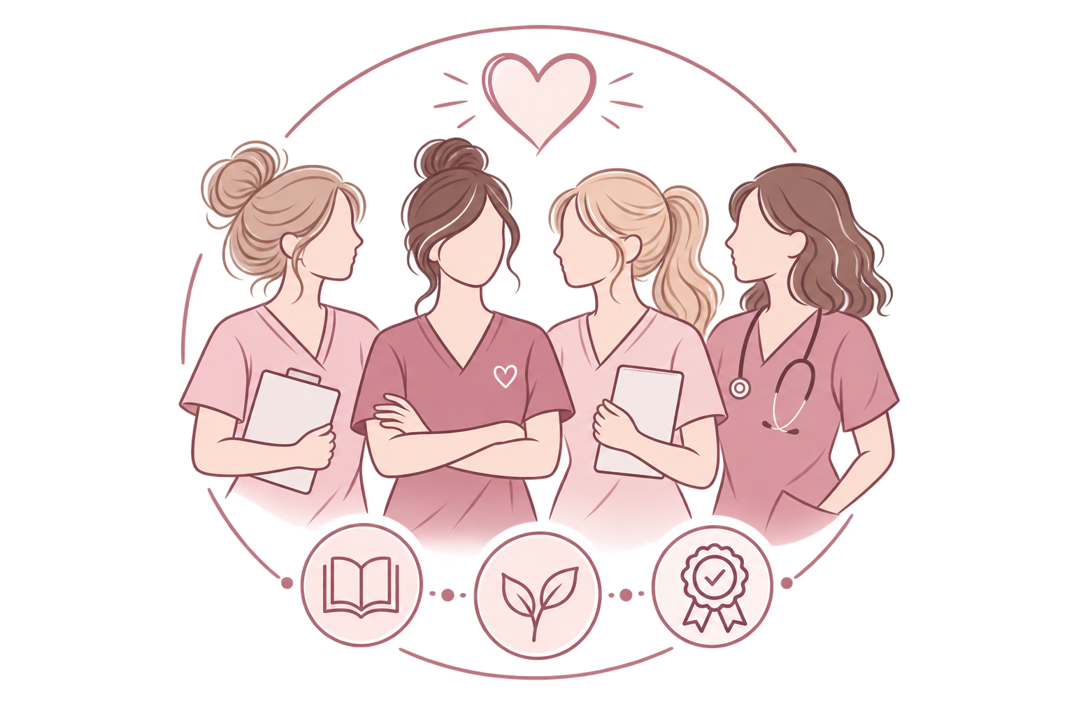 Illustration von vier Hebammen im Kreis, darüber ein Herz, darunter Symbole für Wissen, Wachstum und Qualität