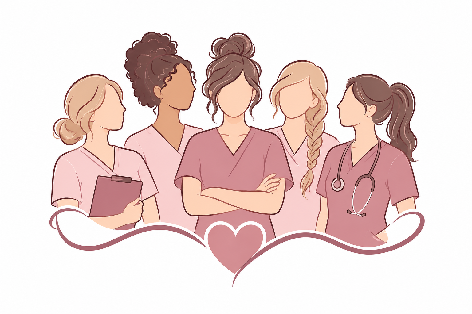 Illustration von fünf Hebammen in rosa Berufskleidung, darunter ein Herz
