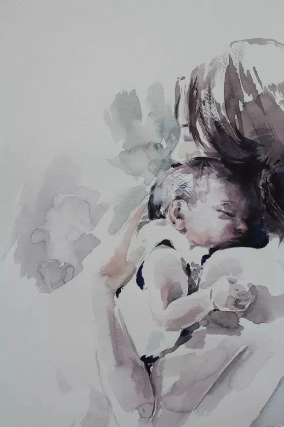 Aquarell einer Mutter, die ihr schlafendes Neugeborenes im Arm hält