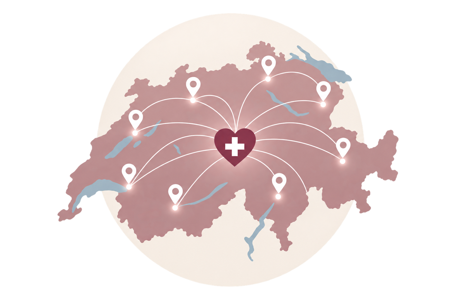 Illustrierte Karte der Schweiz mit Standortnadeln, die auf ein Herz mit Schweizerkreuz in der Mitte zulaufen